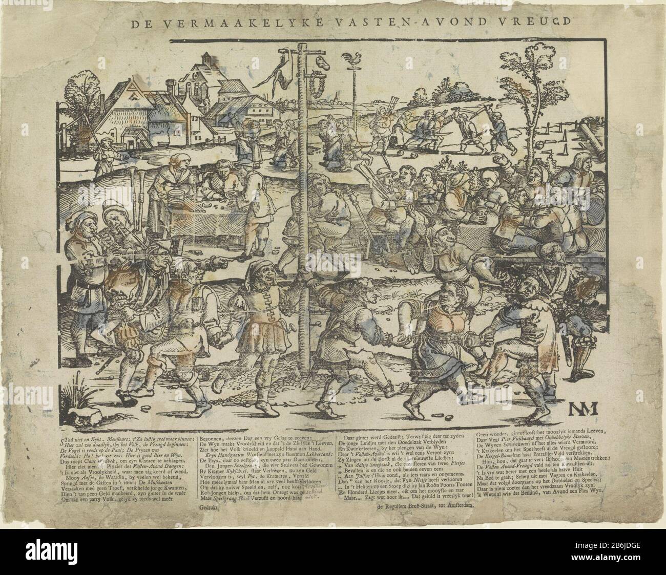 Il vermaakelyke fast-night joy (oggetto titolo) foglia con grande rappresentazione di persone che festaiola su Shrove Martedì. Tra lo spettacolo un lungo versetto in quattro kolommen. Produttore : Editore: Erven Widow Jacobus van Egmont Stampa autore: Anonymous (Proprietà elencata) Luogo di produzione: Editore: Amsterdam Stampa autore: Paesi Bassi Data: 1761 - 1804 caratteristiche Fisiche: Legno colorato in blu e arancione; testo materiale di stampa: Carta Tecnica: Legno / stampa / colore dimensioni: Foglio: H 345 mm × W 429 mm Oggetto: Martedì Foto Stock
