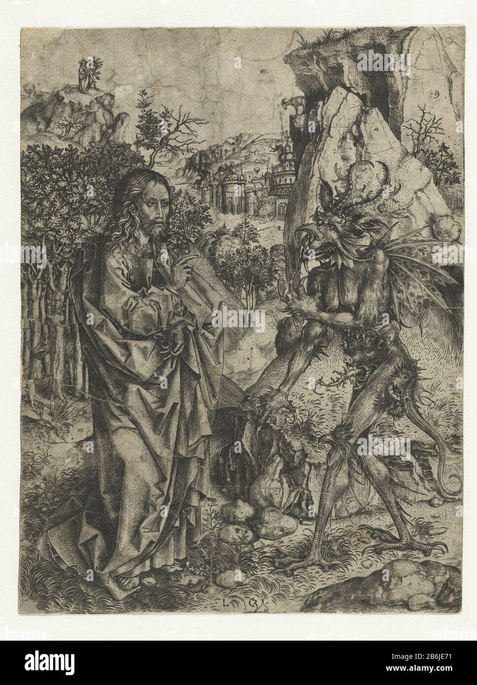 La Tentazione di Cristo Cristo si trova di fronte ad un mostro devilish in un aspro paesaggio roccioso. Il diavolo mette in evidenza una serie di pietre: Cristo Egli li sfida a trasformarsi in pani. Sullo sfondo un castello o stad. Produttore : stampatore: Monogrammist LCZ (edificio elencato) stampatore Martin Schongauer (scuola) Luogo di produzione: Printmaker Germania Stampa autore: Bocholt (Germania) Data: 1491 - 1500 caratteristiche Fisiche: Materiale dell'automobile: Tecnica della carta: Engra (processo di stampa) dimensioni: Foglio: H 221 mm × W 167 mm Oggetto 'tesi di comando pietre Per Diventare pani ' tentazione di Cristo nel Foto Stock