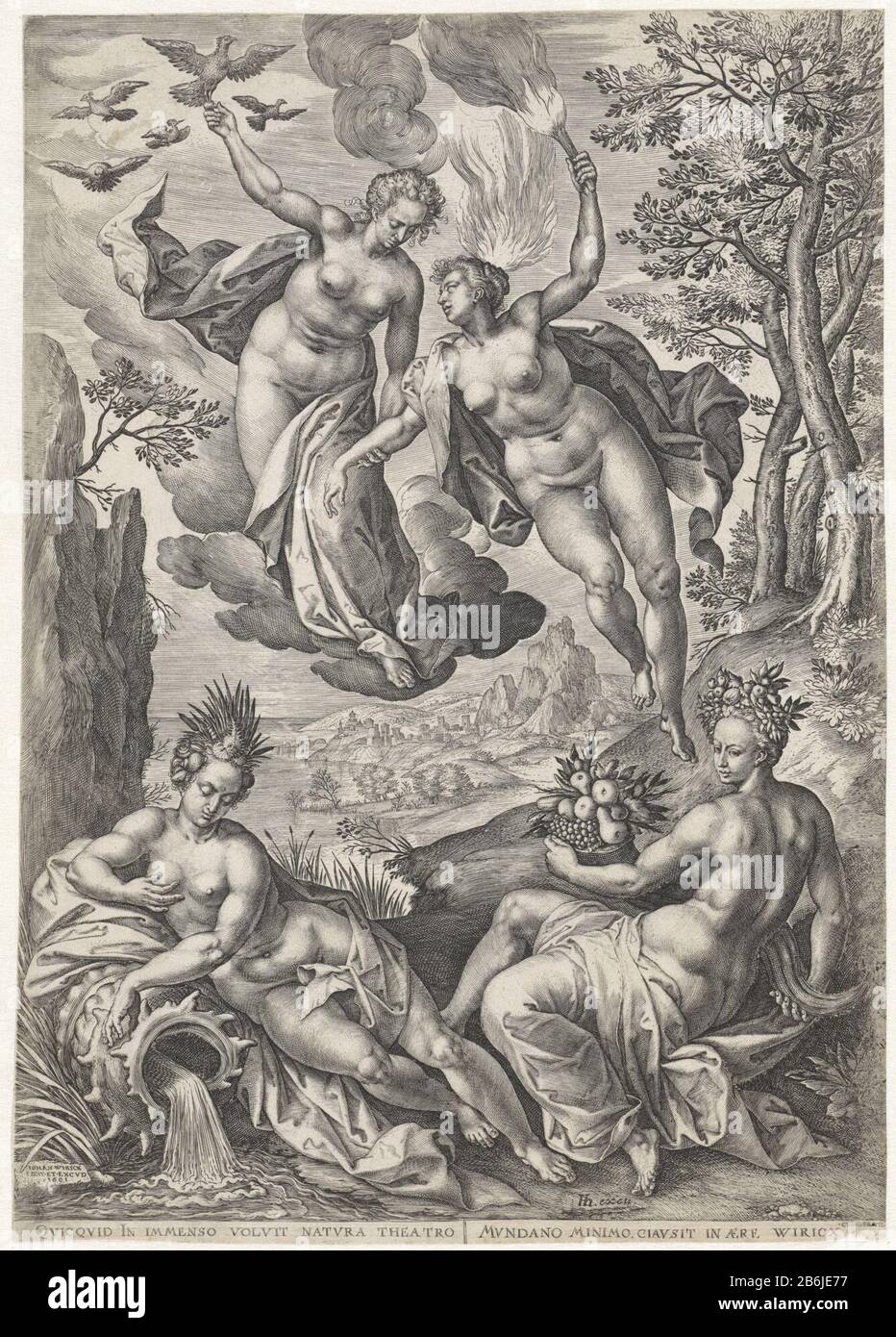 I quattro elementi Landscape con personificazioni femminili dei quattro elementi. In primo piano ci sono l'acqua, in un guscio Dove: Acqua fluente, e terra, con una cornucopia. L'aria è circondata da uccelli ed è un fuoco alimentato in testa di fiamme. Nel margine una didascalia nel Latijn. Produttore : stampatore John Chi: Rix (edificio elencato) editore John Wierix (edificio elencato) Editore: Hendrick Hondius (i) (edificio elencato) fornitore di privilegio: Sconosciuto (riportato sull'oggetto) Luogo fabbricazione: Antwerpen Data: 1601 caratteristiche Fisiche: Engra materiale: Paper Tecnica: Engra (stampa p Foto Stock I quattro elementi Landscape con personificazioni femminili dei quattro elementi. In primo piano ci sono l'acqua, in un guscio Dove: Acqua fluente, e terra, con una cornucopia. L'aria è circondata da uccelli ed è un fuoco alimentato in testa di fiamme. Nel margine una didascalia nel Latijn. Produttore : stampatore John Chi: Rix (edificio elencato) editore John Wierix (edificio elencato) Editore: Hendrick Hondius (i) (edificio elencato) fornitore di privilegio: Sconosciuto (riportato sull'oggetto) Luogo fabbricazione: Antwerpen Data: 1601 caratteristiche Fisiche: Engra materiale: Paper Tecnica: Engra (stampa p Foto Stock