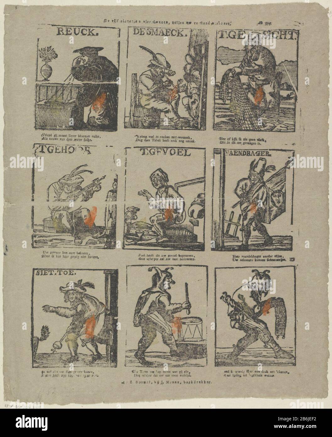I cinque e quattro stolti suoi sensi, stupirà la tua mente (oggetto titolo) i cinque suoi sensi e quattro stolti stupirà la tua mente (oggetto titolo) Tipo Di Proprietà: Stampa persone immagine numero articolo: RP-P-OB-204.348 Iscrizioni / marchi: Segno del collezionista, vero, stampato: Lugt 2760opschrift, vero tra scritto a mano in matita: «5 - «Descrizione: Diario con nove prestazioni dei cinque sensi e varie figure Dove: Sotto un portatore standard e uno stolto. Sotto ogni immagine un verso a due linee. Numerato in alto a destra: N. 395. Produttore : editore: John Noman (indicato sull'oggetto) print maker: Anonymous Foto Stock