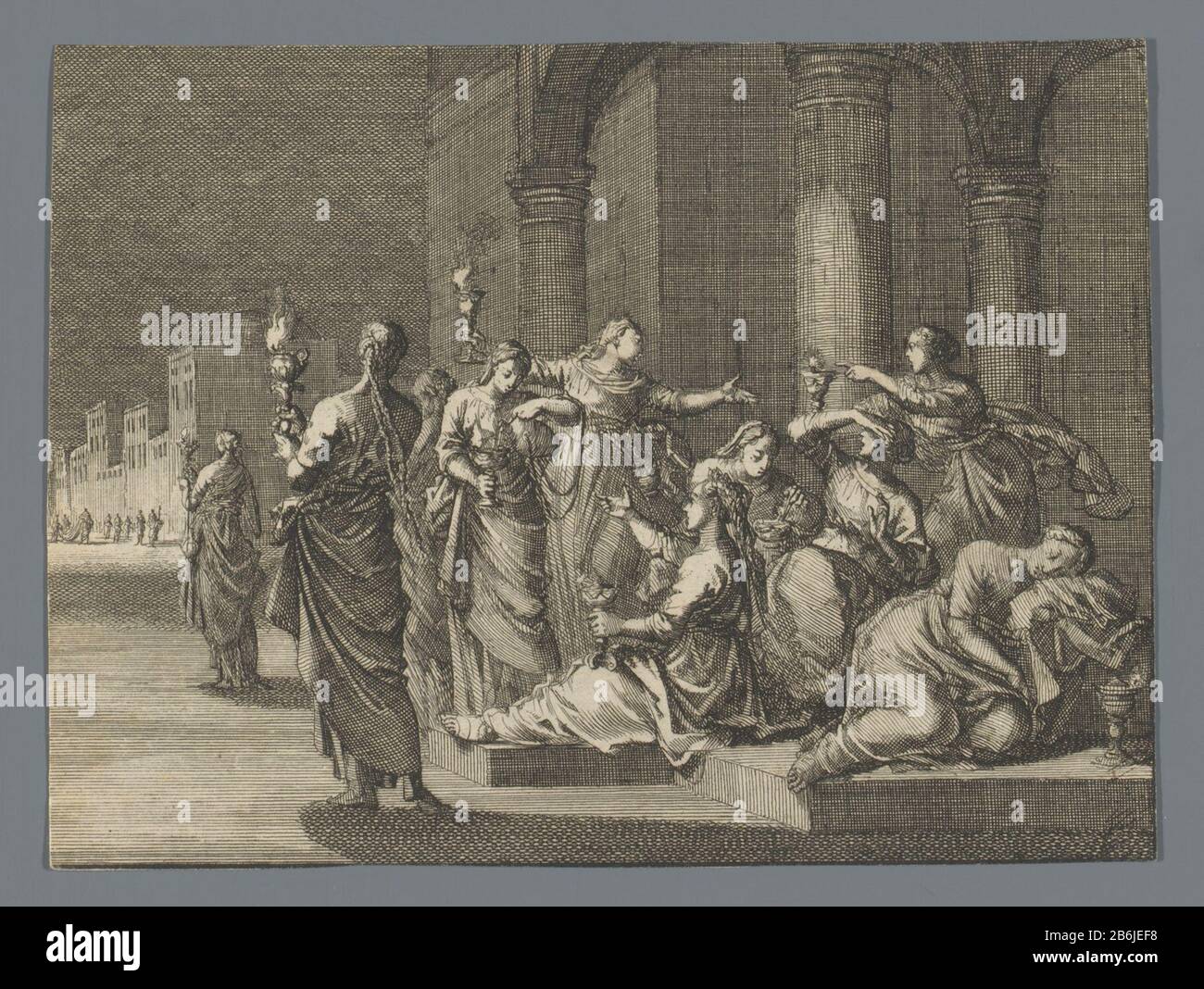 The Five Wise and Stolen Virgins De vijf Wijze en Dwaze Maagden Object Type : Prent Objectnummer: RP-P-OB-46.198 Produttore : Pentmaker: Jan Luyken dating: 1659 - 1712 Physical kenmerken: ETS Materiale: Papier Techniek: Etsen Soggetto: The WISE and the stolen virgins  parabola di Cristo (Matteo 25:1-13) Foto Stock
