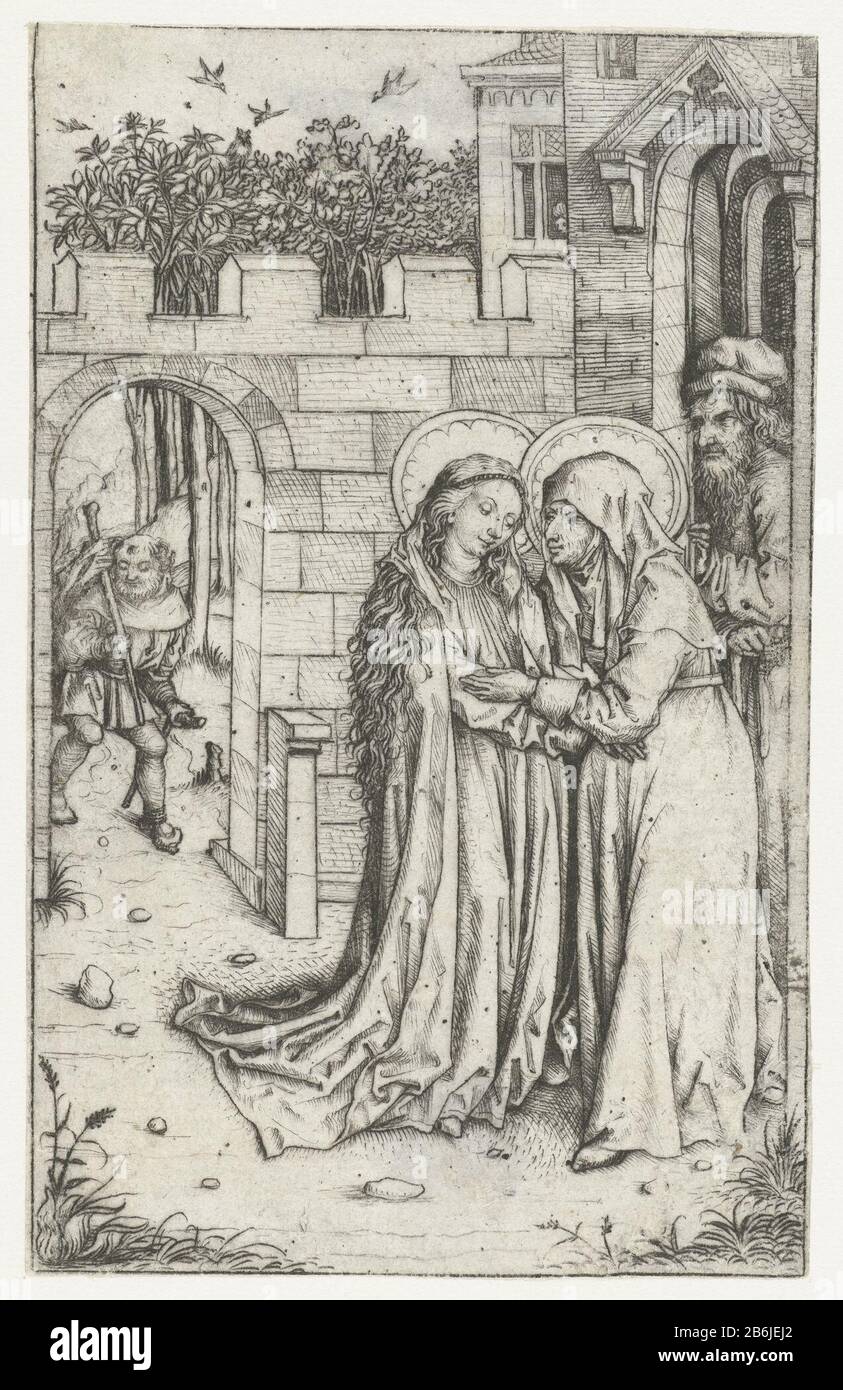 La visita Maria ed Elisabetta si abbracciano alla porta . Dietro Elisabeth Zacharias. Giuseppe passa attraverso la porta, un bastone sopra la spalla. Negli alberi dietro la porta c'è un gufo (l'uccello delle tenebre) attaccato da una coppia di uccelli del gregge (rappresentanti della luce). Produttore : stampatore Master of the Amsterdam Cabinet To own design: Master of the Amsterdam Cabinet Place manufacturing: Germany Data: 1480 - 1485 caratteristiche Fisiche: DRYPOINT materiale: Carta Tecnica: DRYPOINT dimensioni: Foglio: H 140 mm × W 88 mmToelichtingzeer buona pressione. Archivio duplicato d, o Foto Stock