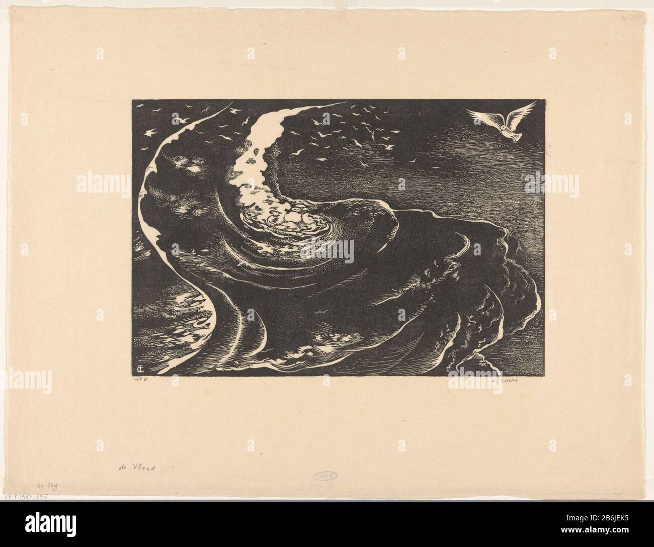 Flood (oggetto originale del titolo) Seagulls che vola su una riva d'onda di un filamento. Produttore : stampatore: Bernard Essers (personalmente firmato) Data: 1940 Materiale: Carta Tecnica: Legno engra dimensioni: Foglio: H 415 mm × W 540 mm Oggetto: Alluvione, alta marea puntoni-uccelli e guado-uccelli: Gabbiano Foto Stock