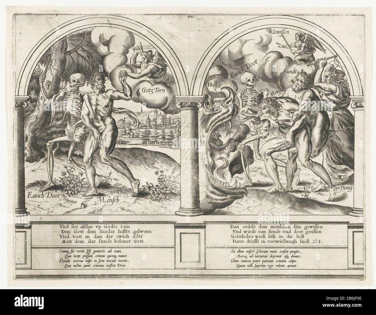 Uomo peccatore guidato dall'ira di Dio verso l'inferno Via della salvezza (titolo della serie) Due allegorie bibliche in cornice architettonica. Links l'uomo è catturato dalla personificazione della Morte eterna al braccio mentre la personificazione dell'ira di Dio tiene le nuvole la sua altra mano. Morte eterna, come punizione di Dio per il peccato, l'uomo conduce alla bocca dell'inferno, essendo guidato dalle personificazioni di peccato, Coscienza e Disperazione. Sotto entrambe le prestazioni un versetto a quattro righe in tedesco basso e un testo a quattro righe in latino. Il diritto alle prestazioni è numerato 8. Stampare una serie riformatrice sul sinfulne Foto Stock