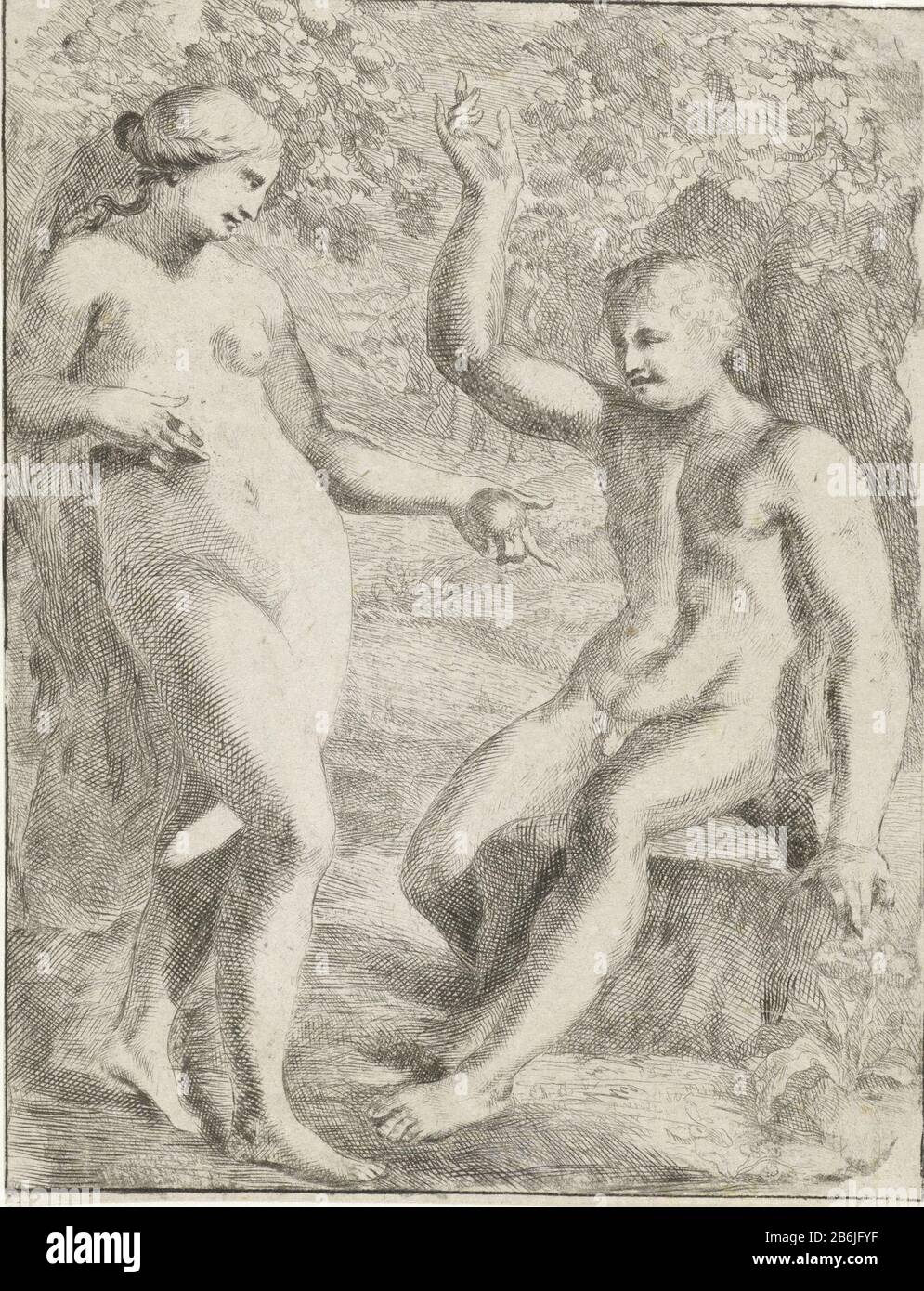 La caduta Adamo ed Eva in piedi dall'albero di conoscenza del bene e del male. EVA Adam offre un frutto del boom. Produttore : stampatore Pieter van der Plas (II) Luogo di produzione: Nord Paesi Bassi Data: 1687 - 1708 Caratteristiche Fisiche: Engra e materiale di incisione: Carta Tecnica: Engra (processo di stampa) / dimensioni di incisione: Foglio: H 168 mm × W 128 mm Oggetto: Eve che offre la frutta ad Adamo Foto Stock