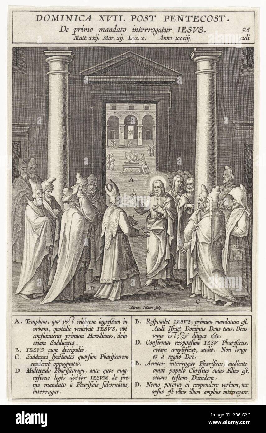 I Sadducei si dibattono con Cristo nel tempio della Risurrezione. In corrispondenza di vari elementi della mostra sono lettere che corrispondono alla legenda nella marge. Produttore : stampatore Chi: Rix (attribuzione rifiutata) stampatore: Adriaen Collaert (Proprietà elencata) Designed by: Bernardino PasseriPlats fabbricante: Anversa Data: 1593 caratteristiche Fisiche: Engra materiale: Carta Tecnica: Engra (processo di stampa) Misure: Bordo della lastra: H 232 mm × W 147 mmToelichtingPrent usato in: Nadal, Jeronimo. Evangelicae Historiae Imagines. Anversa: Martinus Nutius, 1593. Oggetto: Opposin farisei e sadducei Foto Stock