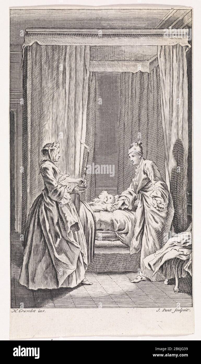 Deborah Wilkins scoprì un bambino In una superba Deborah Wilkins trova un bambino nella sua culla. Un'altra donna viene con una candela accesa in mano aangelopen. Produttore : stampatore Jan Point (edificio elencato), progettato da Hubert François Gravelot (proprietà elencata) Luogo di produzione: Amsterdam Data: 1749 caratteristiche Fisiche: Incisione e engra materiale: Carta Tecnica : incisione / engra (processo di stampa) Misure: Foglio: 138 mm × h b 78 mmToelichtingPrent utilizzato come illustrazione in: Fielding, Henry. [Tradotto dall'inglese da] Pieter le Clercq. Storia dei Tomas Jones vondeling, Vol. 1, p. Foto Stock