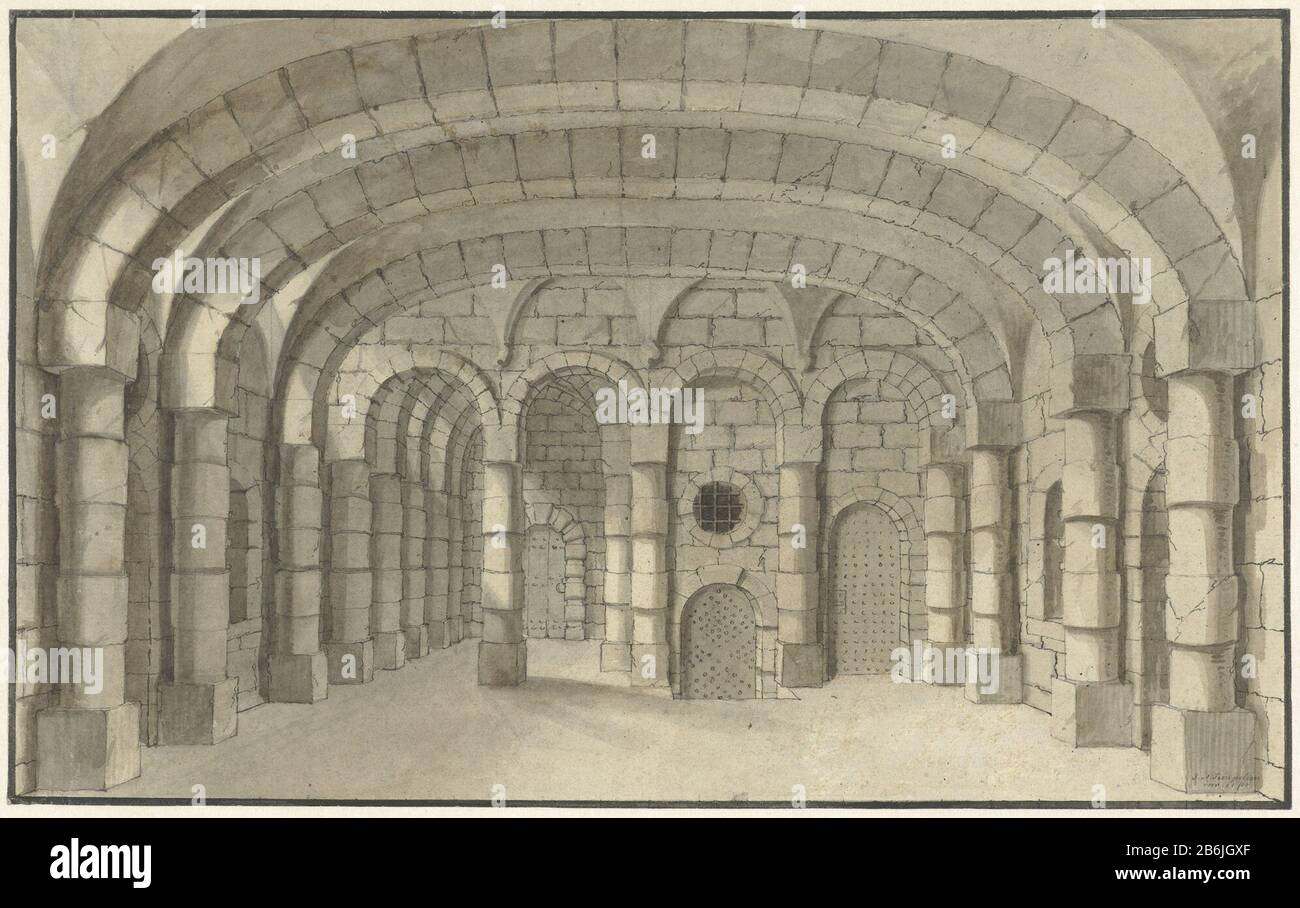 Decorazione di un dungeon Bozza toneeldecor. Produttore : artista: J. A. Tempelier Data: 1700 - 1800 caratteristiche Fisiche: Pennello grigio e marrone, penna in grigio materiale: Carta inchiostro acquerello Tecnica: Dimensioni penna / pennello: H 211 mm × W 338 mm Oggetto: Scenografia Foto Stock