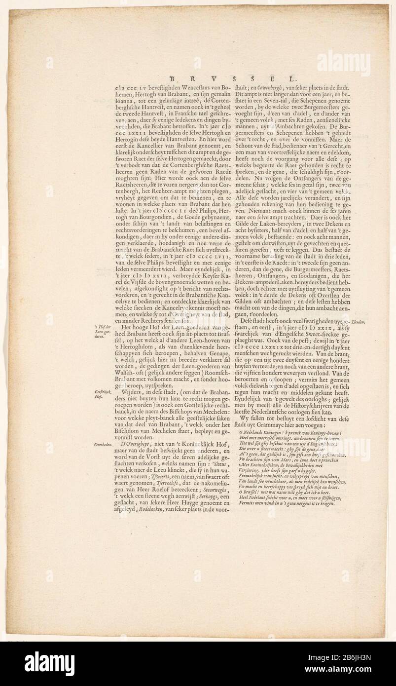 Parte della descrizione del Palazzo del Coudenberg, Bruxelles Bruxelles Bruxelles (oggetto del titolo) Parte della descrizione del Palazzo del Coudenberg a Bruxelles, chiamato anche Corte di Bruxelles, dal Blaeu 'Show Neel delle città della Vereenighde Nederlanden'. Produttore : editore John Willemszoon Blaeu Luogo fabbricazione: Amsterdam Data: 1652 Caratteristiche Fisiche: Testo in letterpress su recto e verso materiale: Carta Tecnica : letterpress dimensioni: Foglio: 550 mm × h 335 b mmToelichtingTekst usato in: Blaeu, Johannes Willem Son. Vista Neel delle città dei Paesi Bassi Vereenighde. 2 parti. Foto Stock