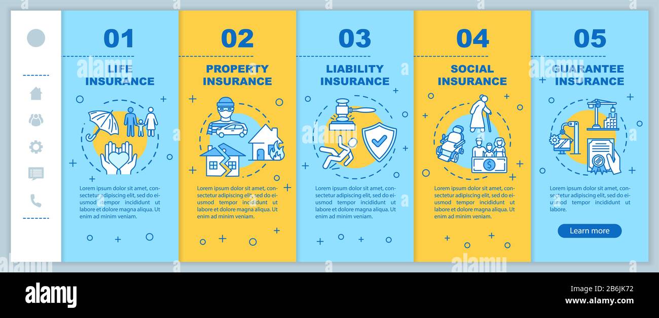 Modello di vettore di onboarding con copertura sociale. Protezione della proprietà dal furto. Affari legali. Sito Web mobile reattivo con icone. Procedura dettagliata della pagina Web Illustrazione Vettoriale