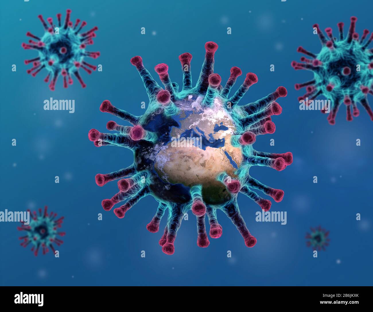 Pandemia di coronavirus. Focolaio di coronavirus. Terra a forma di virus. Attenzione all'Europa. Covid-19. Pandemia globale. Foto Stock