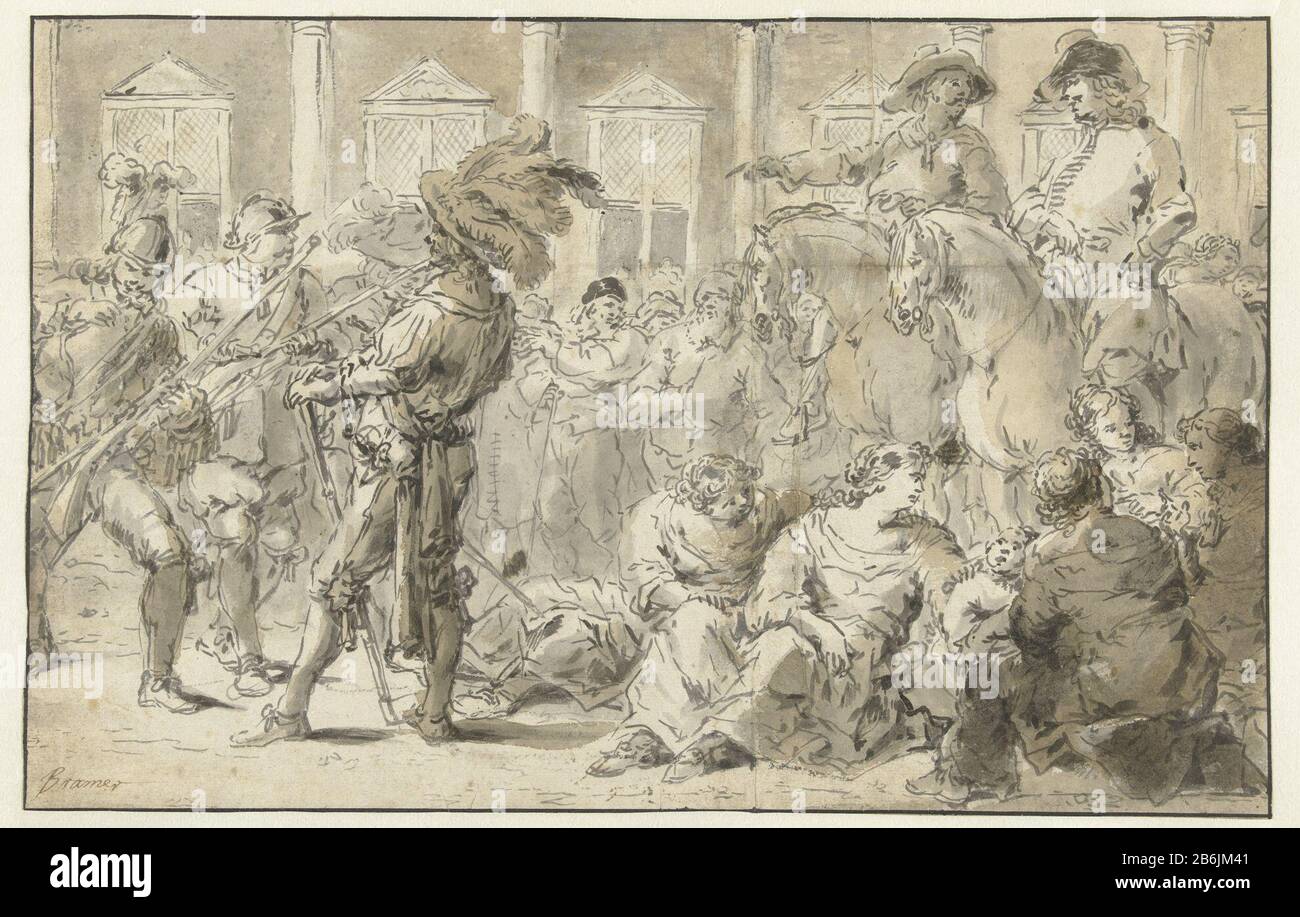 Delft milizia Draft schilderij. Produttore : artista: Leonaert Bramer Datato: 1606 - 1674 caratteristiche Fisiche: Pennello in grigio e marrone materiale: Carta Tecnica: Pennello formato: H 230 mm × W 356 mmOnderwerp Foto Stock