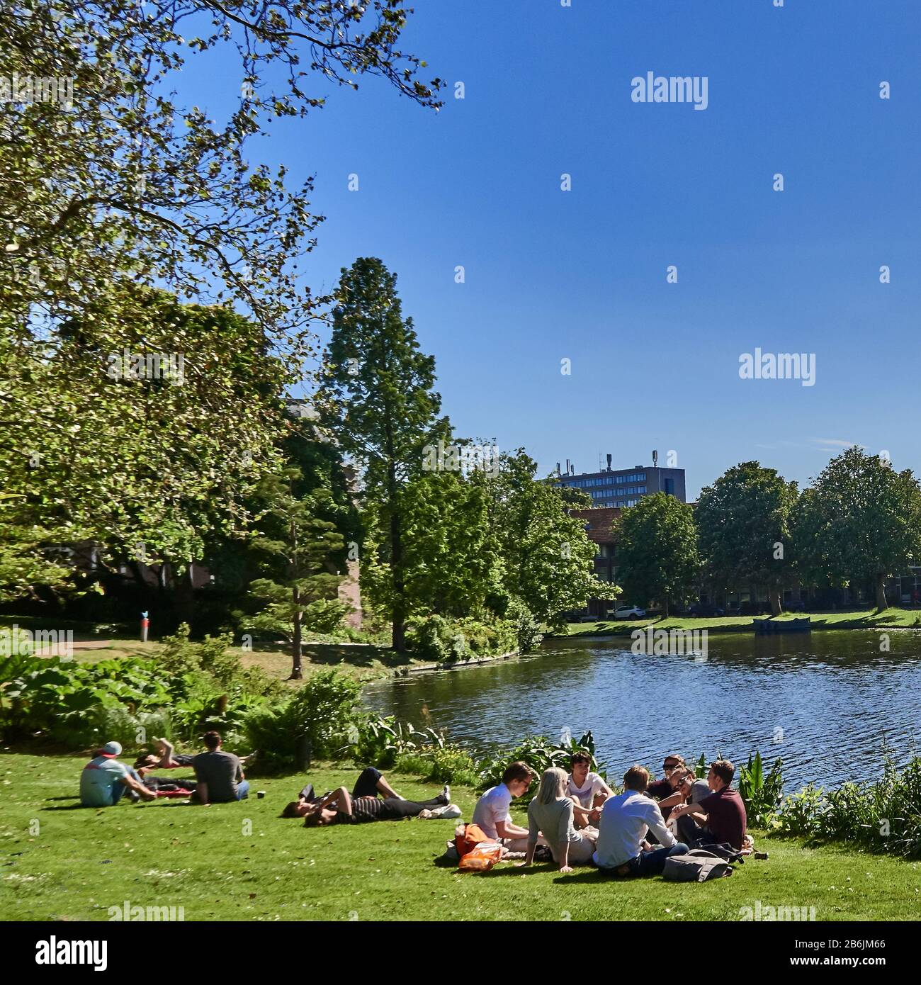 Città di Leiden, provincia dell'Olanda meridionale, Paesi Bassi, Europa - nel giardino botanico le persone si rilassano al bordo del canale Moresigel , l'Hortus botanicus Leiden è il più antico giardino botanico dei Paesi Bassi. Il Giardino di Clusius dà un'impressione di ciò che l'Hortus era come intorno al 1600 la più antica settiodel Hortus, risalente al 1590, la città di Leiden è conosciuta per la sua architettura secolare, i suoi canali, la sua universitof 1590, il nativitof Rembrand, La città dove fiorì il primo tulipano bulof in Europa nel 16 ° secolo Foto Stock