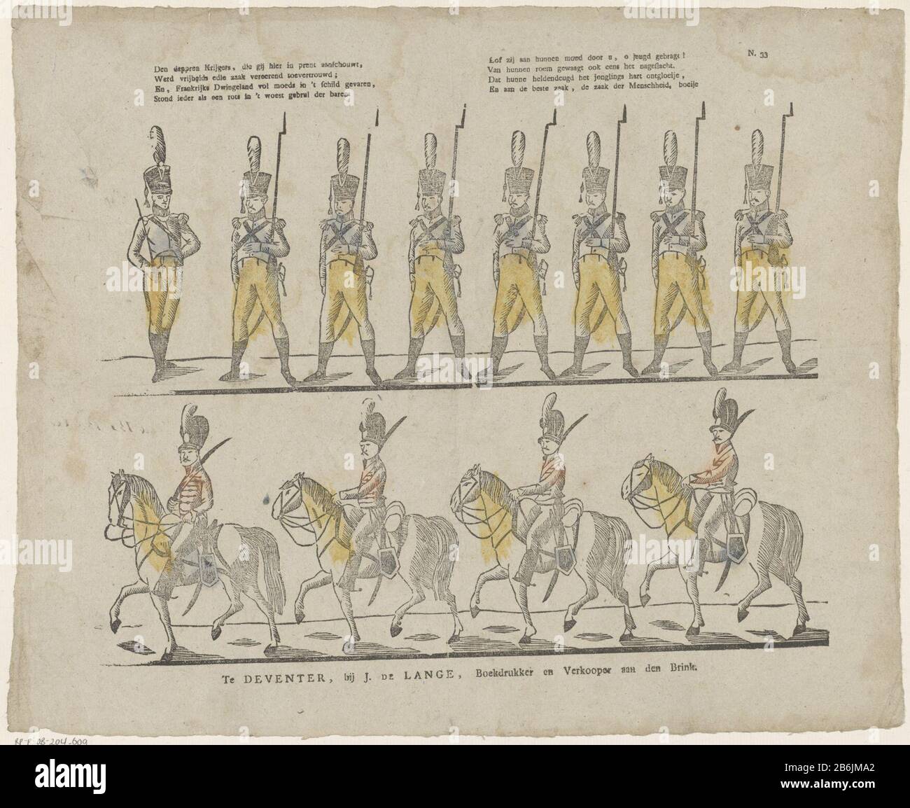 I guerrieri dappren che si vede qui in stampa, Era libertà edle materia affidata gracing () (oggetto titolo) foglia con due file di rappresentazioni di soldati. Le otto migliori prestazioni dei soldati a piedi. Sotto quattro spettacoli di soldati a cavallo. Numerato in alto a destra: N. 33. Produttore : Editore: Jan de Lange (II) (edificio elencato) printmaker: Anonimo luogo produzione: Editore: Deventer Print autore: Netherlands Data: 1822 - 1849 caratteristiche Fisiche: Legno colorato in blu, giallo e arancione; testo materiale di stampa: Carta Tecnica: Legno / colori / formati di stampa: Foglio: H 331 Foto Stock