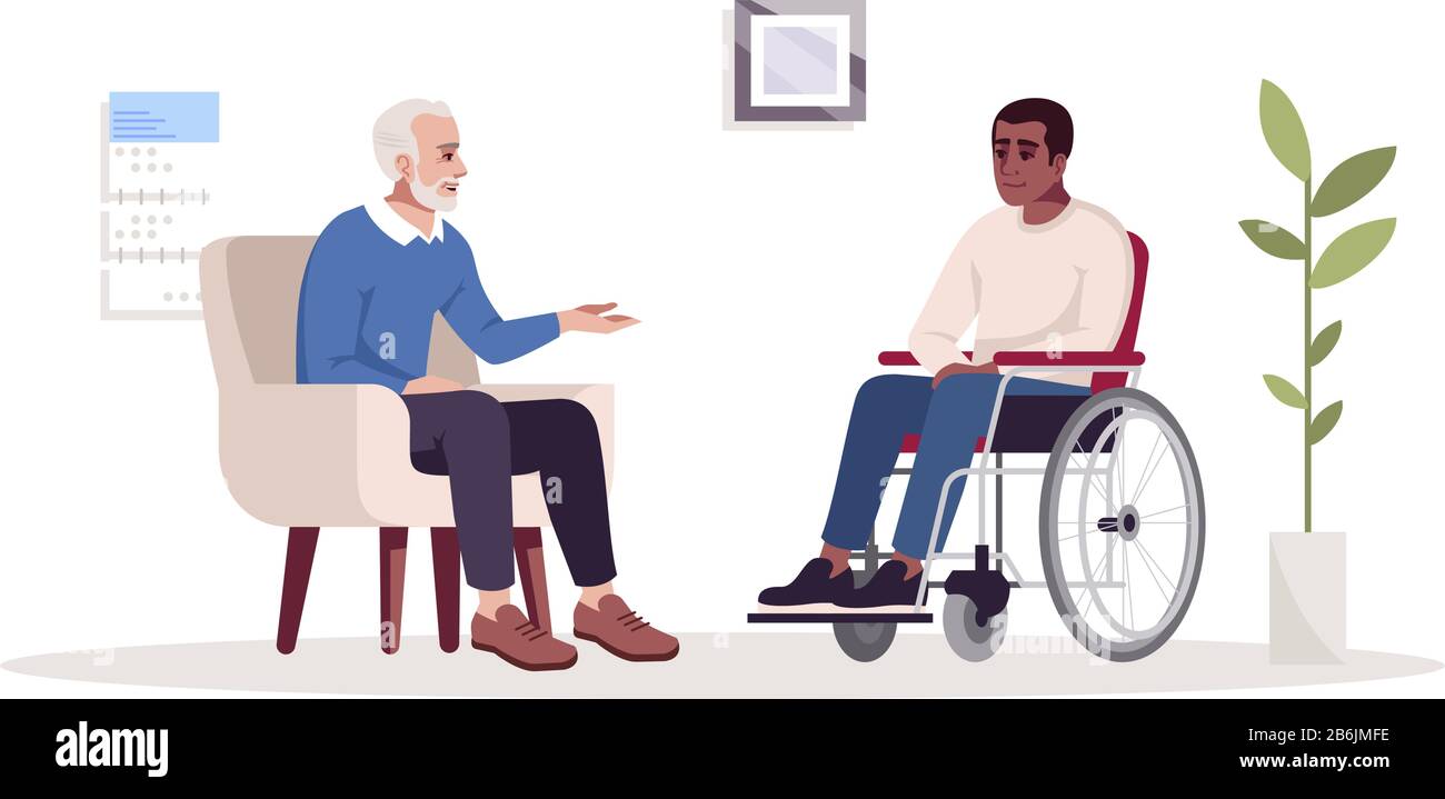 Sessione privata di psicoterapia immagine vettoriale a colori RGB semi-piatta. Stress post-traumatico. Riabilitazione. Ufficio psicologi. Psicologia Illustrazione Vettoriale