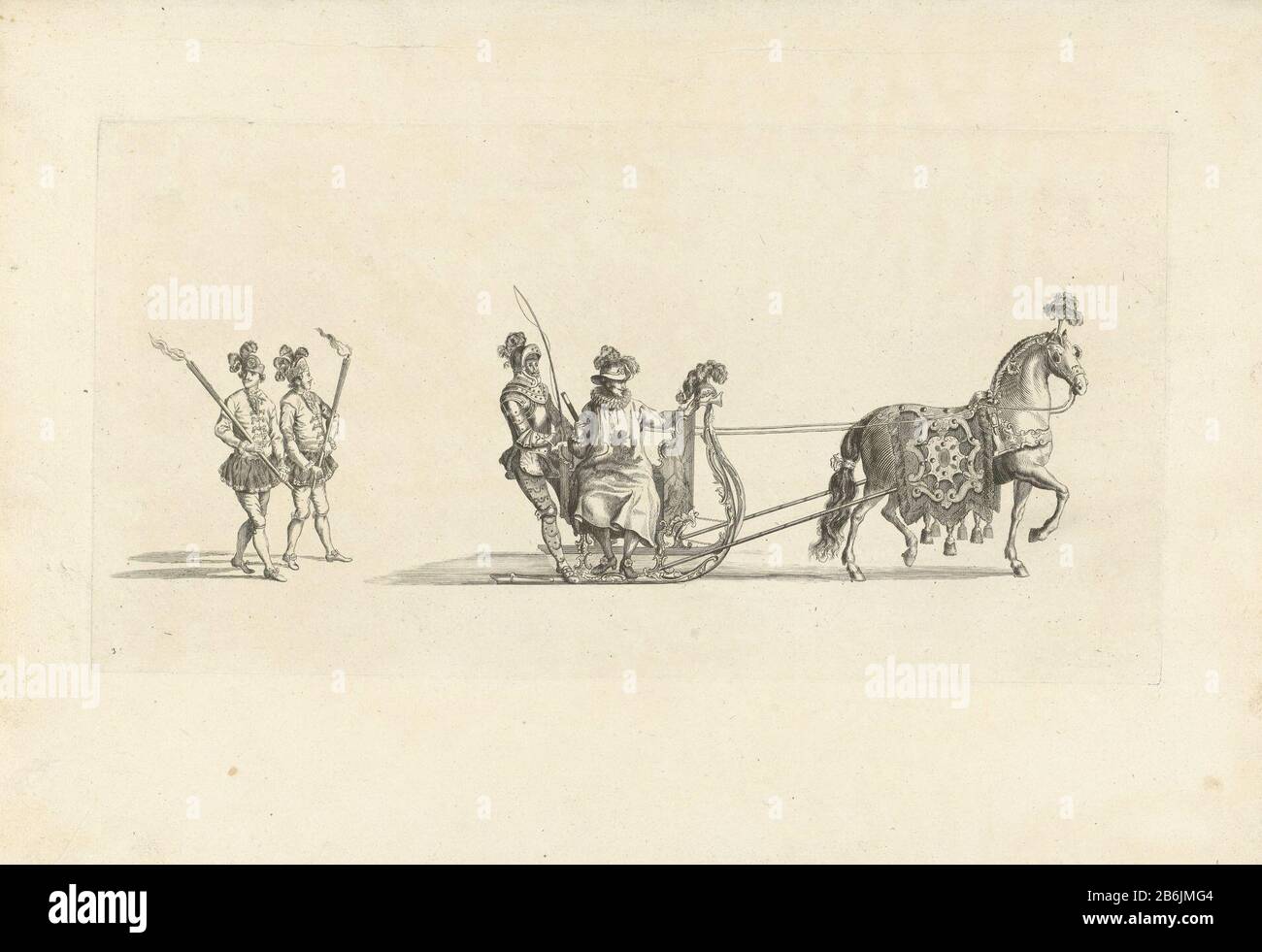 Terza diapositiva slitta Vaart della Leiden veniam Pro Laude Society nel 1776 (titolo della serie) la terza carrozza nella parata. Dove una slitta: Un cavaliere e un'arma araldo, tirati da un cavallo, e seguiti da due corridori con torce. Parte di una serie di dodici piatti della navigazione a scorrimento il 24 gennaio 1776 organizzata dalla Leiden Society veniam Pro Laude in occasione del Secondo Centenario del rilievo di Leiden (3 ottobre 1574) e della fondazione dell'Università di Leida (8 febbraio 1575) . Produttore : stampatore: Nicolaas van der Worm disegno: Abraham DelfosPlats prodotto: NOR Foto Stock