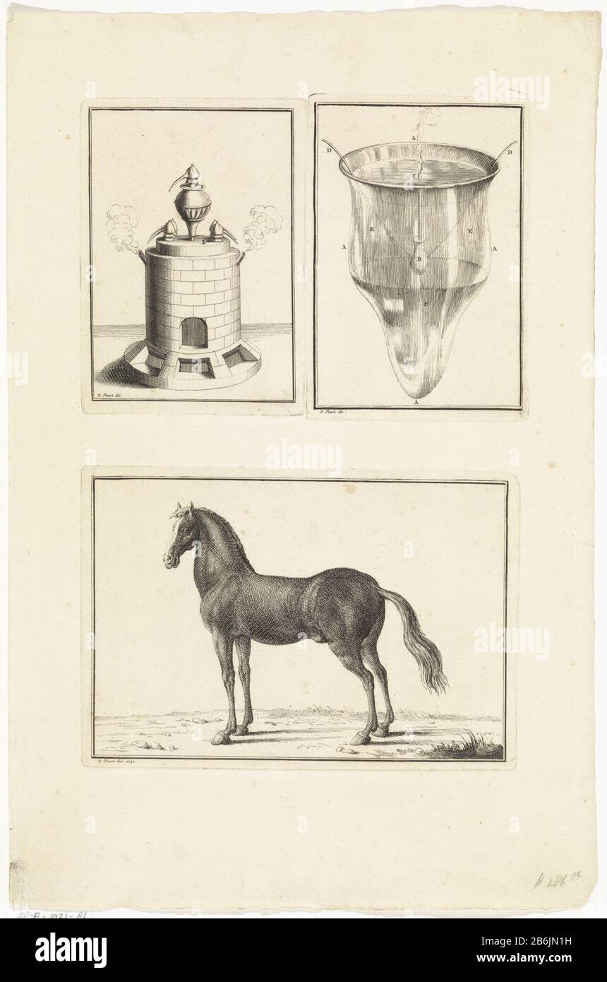 Attrezzatura di distillazione e un cavallo Tre prestazioni su una foglia. Attrezzatura di distillazione superiore e sotto un paard. Produttore : stampatore: Bernard Picart (studio) supervisione: Bernard Picart (indicato sull'oggetto) disegno di: Bernard Picart (indicato sull'oggetto) Luogo di produzione: Amsterdam Data: 1730 caratteristiche Fisiche: Incisione, e engra; foglio non tagliato materiale: Carta Tecnica: Incisione / engra (processo di stampa) Misure: Bordo della lastra: H 135 mm (immagine in alto a sinistra) × L 96 mm (immagine in alto a sinistra) × a 138 mm (stampa a destra) × b 95 mm (stampa a destra) × h 129 mm (immagine in basso) Foto Stock