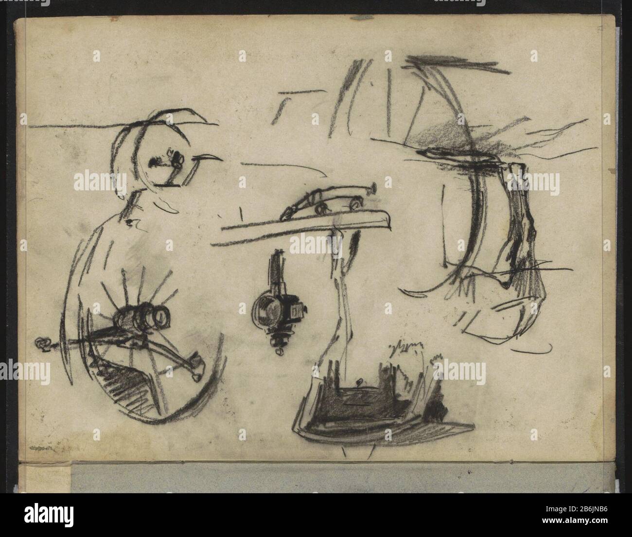 Studi dettagliati di un carro e di un cavallo Che Tra gli altri: S e una lampada. Pagina 12 di uno sketchbook con 29 bladen. Produttore : artista: William Witsenplein Place produzione: Londra Data: 1888 - 1891 caratteristiche Fisiche: Gesso nero materiale: Gesso carta Note Studio Preliminare per l'incisione 'Pitch for Coach under Charing Cross Bridge, London' 1890. Oggetto: Veicolo a quattro ruote, trainato da animali, ad esempio: Cabina, carrozza, ruota per carrozze (o veicolo) Foto Stock