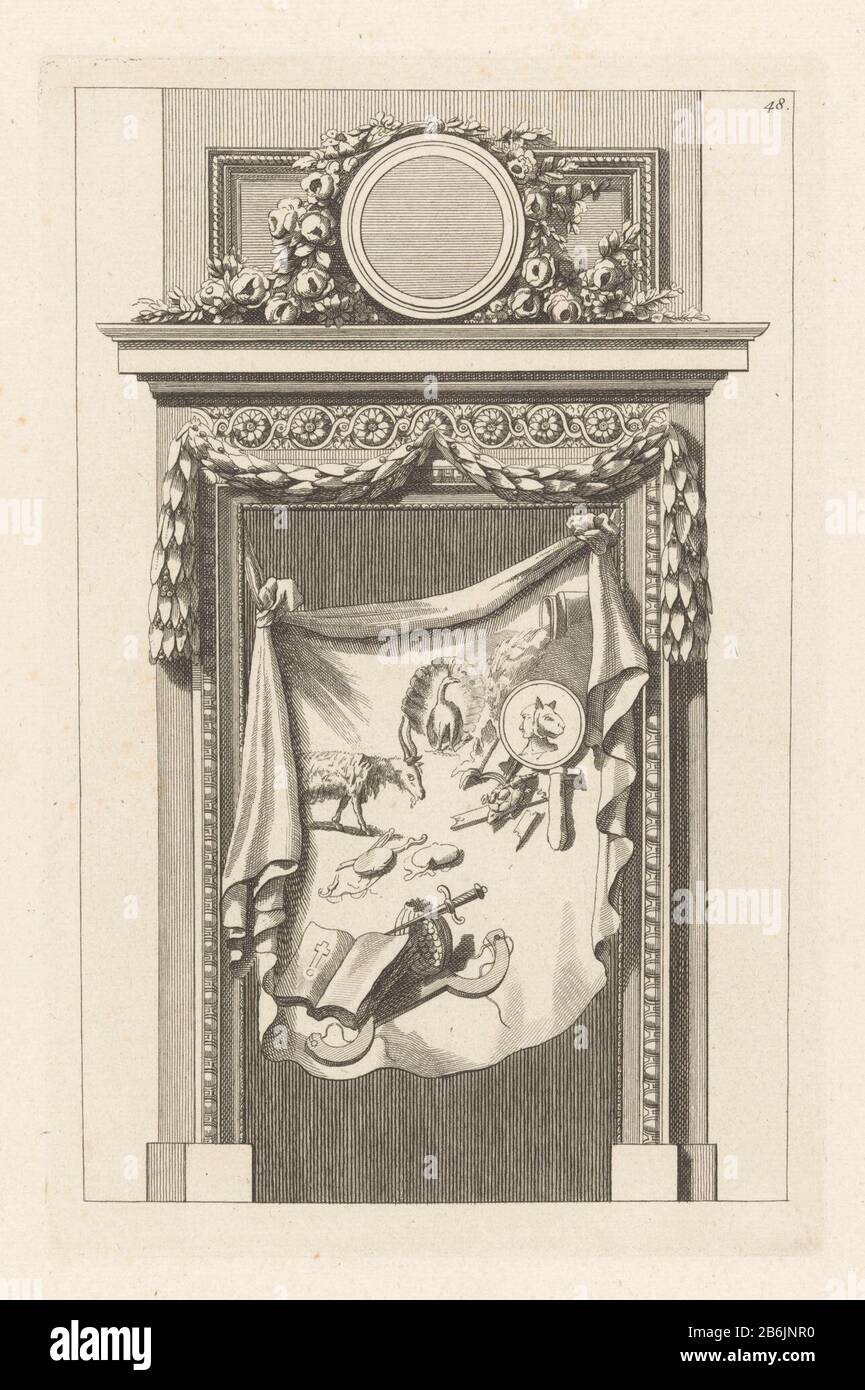 Porta con medaglione e stoffa IIe Volume De l'Oeuvre J CH Delafosse () (titolo della serie) porta con un medaglione rotondo circondato da fiori e un panno con un libro, un pesante d, un melograno e animali come una capra e un pavone. Destra sopra 48 genummerd. Produttore : stampatore sconosciuto alla progettazione: Jean-Charles Delafosse (copia a) Data: Dal 1771 o dopo le 1771 caratteristiche Fisiche: Incisione ed engra materiale: Carta Tecnica: Incisione / engra (processo di stampa) dimensioni: Bordo della lastra: H 251 mm × W 164 mm Oggetto: Da  ornamento medaglioni e drappeggi Foto Stock