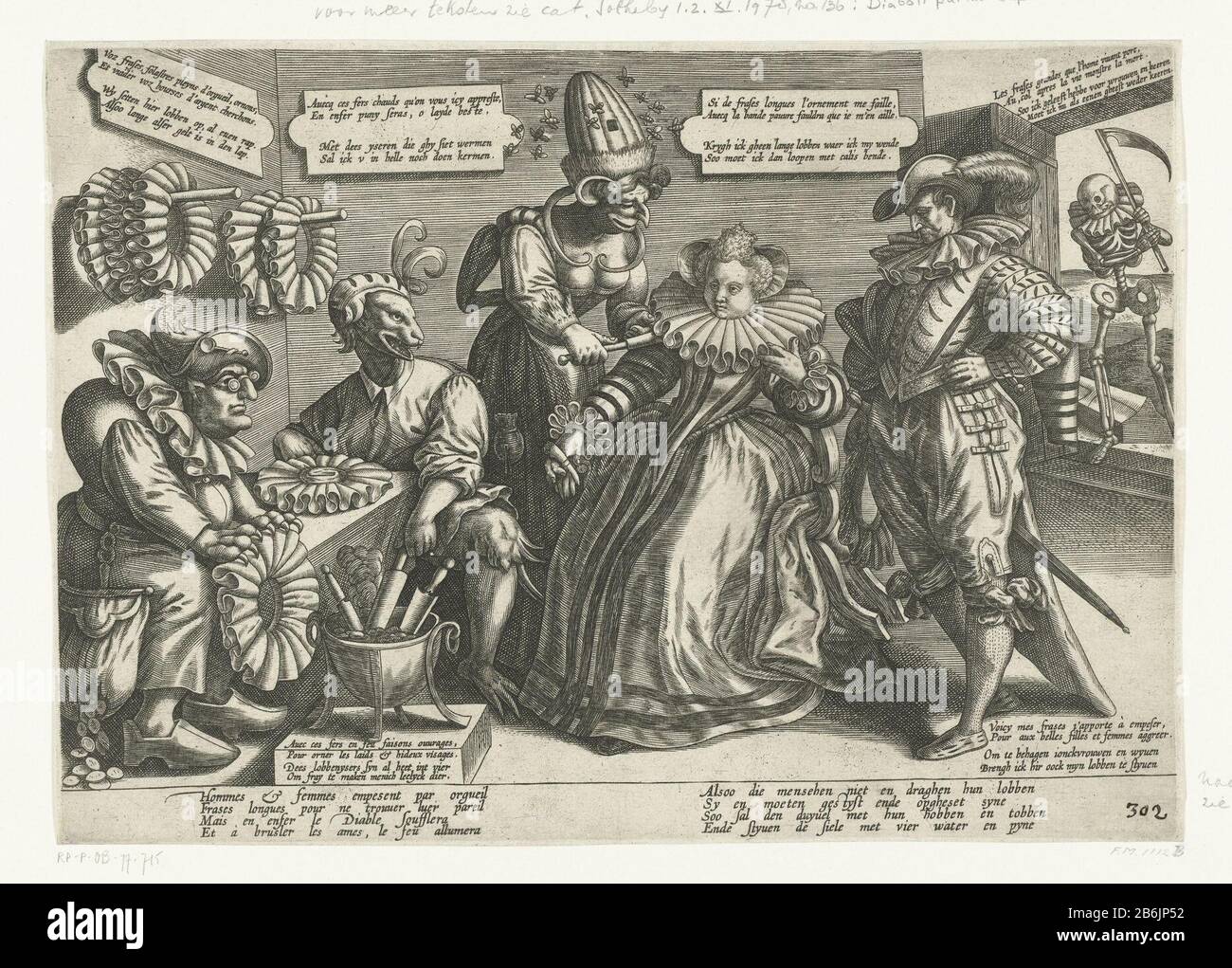 Diaboli parturition Superbia Hoovaardije des Duyveles broersel (oggetto del titolo) Cartoon sul largo ruff l'orgoglio della donna sul cartone animato 'ruff', 1600. In una partenza è una donna una sedia, vestito secondo il modo di circa 1600-1620. L'ampio collare pieghettato è irrigidito da una figura malvagio con un alveare sulla testa. Lasciato nella stanza due mostri che sono impegnati in collari rigidi che ha appeso su bastoni alla parete. Giusto un Signore elegantemente vestito. Nella porta della morte sotto forma di scheletro con scitone. Con testo esplicativo nella presentazione e firma di due volte Foto Stock