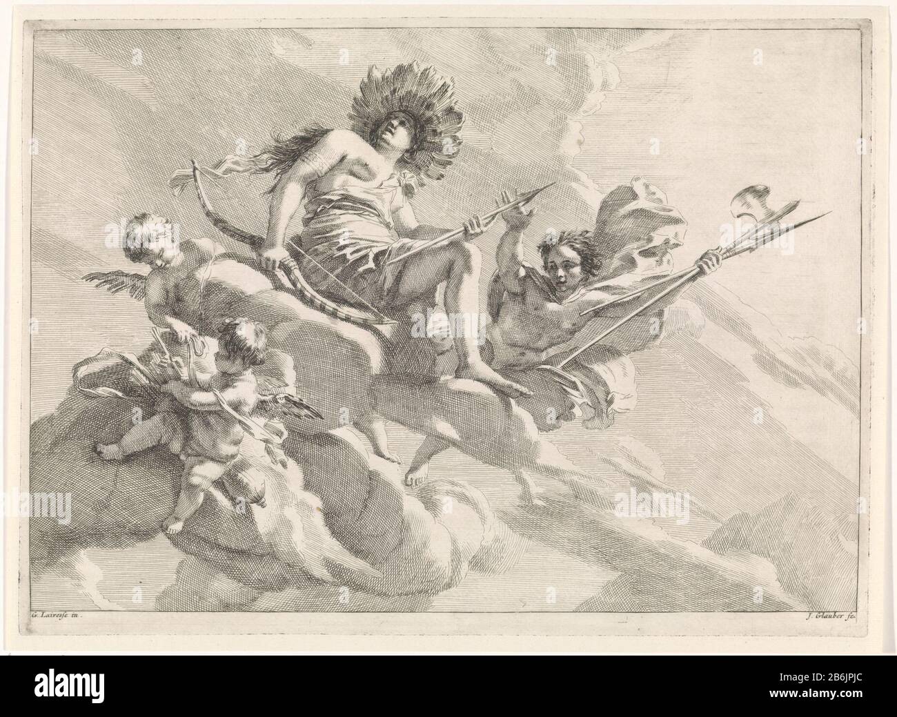 Diana con arco e freccia su una nuvola biblica, mitologica e allegorica (titolo della serie) Diana seduta su una nuvola, arco e freccia in mano. È circondata da due putti e da un uomo con un'ascia e una lancia. La stampa fa parte di una serie di voorstellingen bibliche, mitologiche e allegoriche. Produttore : stampatore John Glauber (edificio elencato), progettato da Gerard de Lairesse (edificio elencato) Editore: Leonard Schenk (possibile) Luogo di produzione: Stampatore editore sconosciuto: Amsterdam Data: 1656 - 1726 caratteristiche Fisiche: Acquaforte; materiale di prova: Tecnica della carta: Dimensioni di incisione: PLA Foto Stock