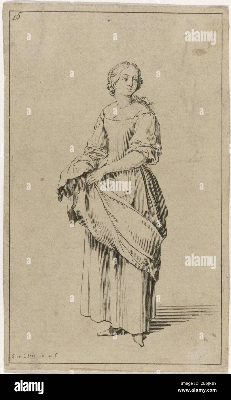 Maid its overhampes Figures Stopping a la mode (series title) Numbered 15 Manufacturer : printmaker: Sébastien Leclerc (i) Editor: Etienne Jeaurat (listed object) Datato: 1685 Materiale: Paper Tecnica: Acquaforte dimensioni: H 149 mm × W 97 mm Foto Stock