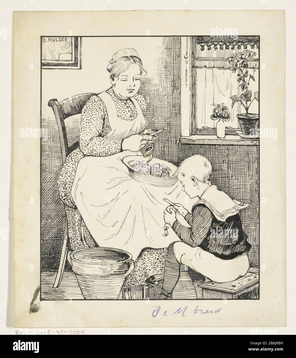 La cameriera e il ragazzo che sbucciano le patate in una stanza sono una cameriera in una finestra. Ha una ciotola di patate sul suo giro e peeling uno. Ai suoi piedi siede un ragazzo su uno sgabello una patata a schillen. Produttore : artista: Gillis Bernhard Mulder (personalmente firmato) Data: 1885 - 1938 caratteristiche Fisiche: Penna in inchiostro indiano materiale: Carta inchiostro indiano Tecnica: Penna dimensioni: H 159 mm × W 136 mm Oggetto: Patate preparazione di cibo Foto Stock