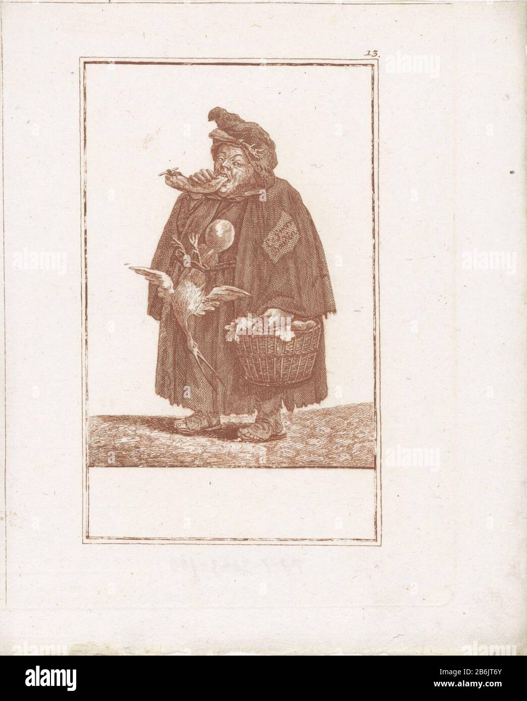 Un fitto monaco in piedi con cesto con uccelli in una mano. Mangia una salsiccia. Sul suo ventre pende un uccello morto. Sulla sua copertura ha una gamba di pollame; la sua abitudine un pezzo di carta con il testo; le frère Boudin. La stampa fa parte di una serie di 50 parti sul tema degli abusi del geestelijkheid cattolico. Produttore : stampatore Jacob Gole (attribuito a) per disegno di Cornelis DusartPlats prodotto: Amsterdam Data: 1724 caratteristiche Fisiche: Incisione in rosso; materiale di prova: Tecnica della carta: Incisione dimensioni: Foglio: H 230 mm × W 190 mmToelichtingIllustratie per Renversement de la morale chretienne Foto Stock