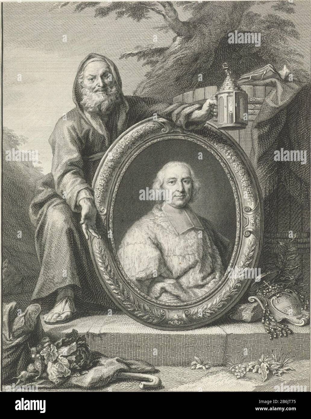 Un Diogene inginocchiato, con la mano una lanterna e sullo sfondo sono tonnellate ad un ritratto di André-Hercule de Fleury in un medaglione ornamentale ovale. Sinistra in primo piano e verdure in background un boom. Produttore : stampatore Jacob Houbraken alla pittura: Antreaunaar pittura: Hyacinthe RigaudPlats fabbricazione: Amsterdam Data: 1708 - 1780 caratteristiche Fisiche: Engra e incisione; materiale di prova: Tecnica della carta: Engra (processo di stampa) / dimensioni dell'incisione: Foglio: H 202 mm × W 162 mm Oggetto: (Storia di) Diogenes, il philosopherWie: André-Fleury de Hercuury Foto Stock