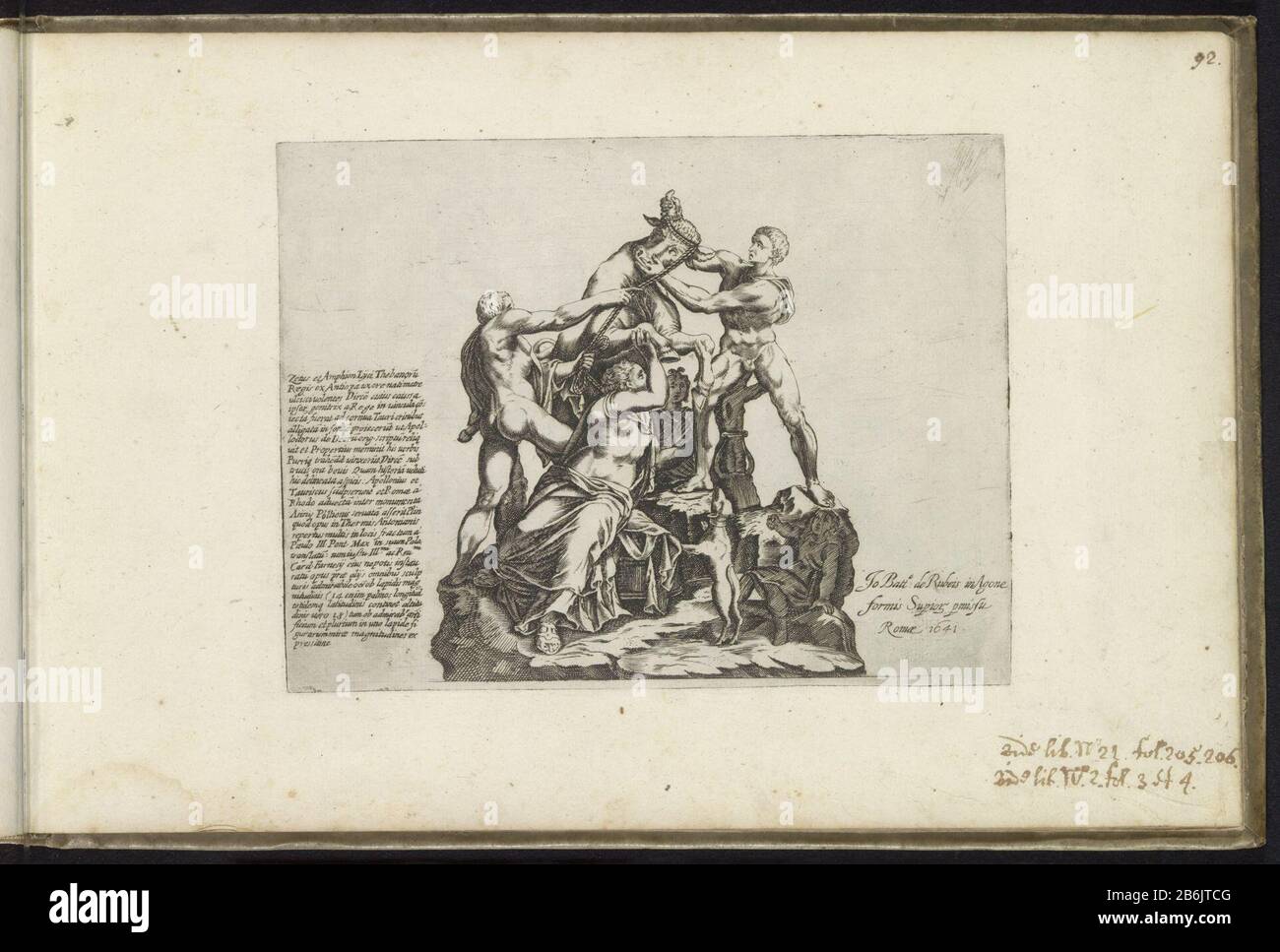 Dirce è legata ad una bolla Farnese scultura dell'antichità (titolo della serie) scultura antica conosciuta come la Farnese Bull I fratelli Amphion e Zethus legano i capelli intrecciati di Dirce attaccati ai corni di un toro. Didascalia in latino. Stampa parte di un album. Produttore : stampatore: Anonimo editore: Giovanni Battista de'Rossi (edificio elencato) editore Antonio Salamanca (attribuzione rifiutata) fornitore di privilegio: Urbano VIII (proprietà quotata) Luogo produzione: Stampatore: Italia Editore: Roma Editore: Roma Concedente di privilegio: Vaticano Datato: 1538 e / o 1641 carattere Fisico Foto Stock