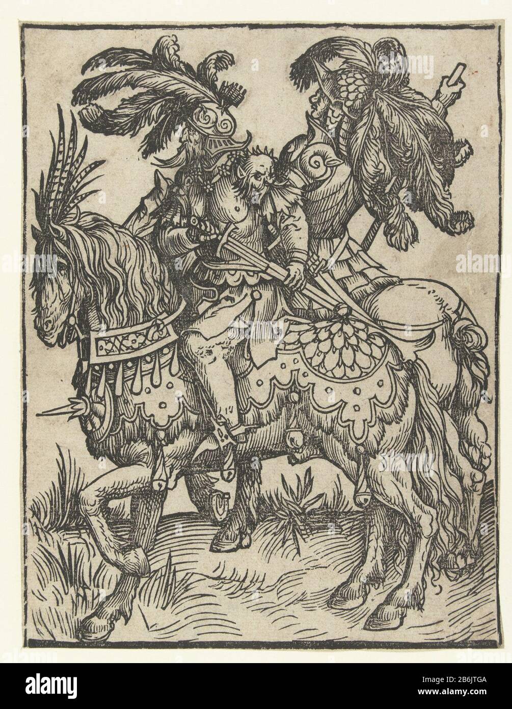 Dirk i e Dirk II i conti e contessa d'Olanda (titolo della serie) frammento della pagina del titolo con i conti Dirk i e Dirk II dell'Olanda a cavallo. Armi e firma ontbreken. Produttore : stampatore Jacob Cornelisz. Di OostsanenPlaats prodotto: Paesi Bassi Data: 1518 caratteristiche Fisiche: Legno tagliato materiale: Carta Tecnica: Legno tagliato dimensioni: Foglio: H 176 mm × W 135 mmToelichtingTwee le edizioni della serie sono note: Uno con testi in francese e una pagina con il nome dell'editore Doen Pietersz. Ad Amsterdam e la data 01/04/1518, e uno con testi in latino, Dove: Manca Foto Stock