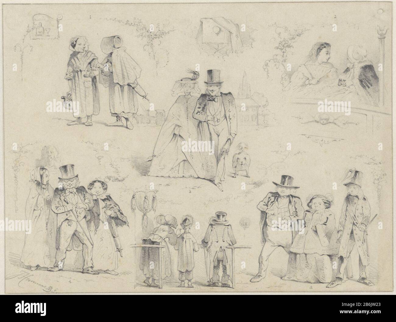 Vari tipi osservati a vita Vari tipi a vita geobserveerd Oggetto tipo : disegno numero articolo: RP-T-1999-30 Iscrizioni / marchi: Firma, in basso a sinistra: '' J.Hoevenaar Wz. F'datum '1861' (didascalie in scrittura dell'artista sul foglio di disegno Dove: Nel 1861.) Descrizione: Design per una caricatura (foto) con cinque piccole tafereeltjes. Produttore : artista: Josef Hoevenaar Datato: 1861 caratteristiche Fisiche : matita; borderline in materiale matita: Matita carta dimensioni: Immagine: H 232 mm × W 310 mmopzettel: H 350 mm × W 475 mm Foto Stock