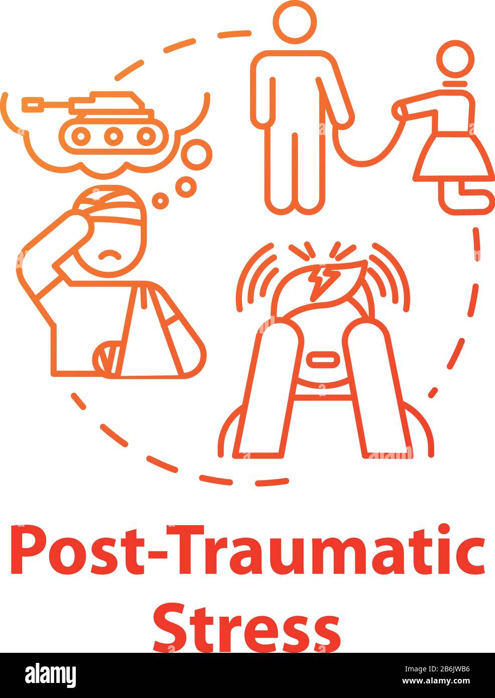 Icona del concetto di stress post traumatico. PTSD. Ricordi spaventosi. Malattia mentale. Psicologia, idea psichiatria sottile linea illustrazione. Vettore isolato Illustrazione Vettoriale