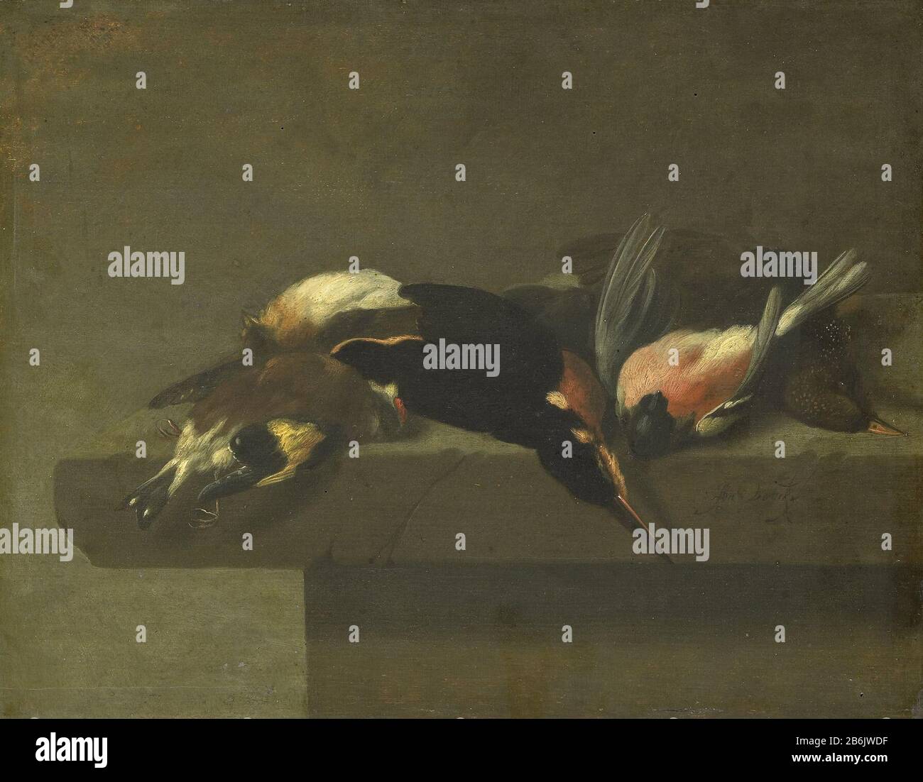 Uccelli morti, SK-A-1344 ancora vita di un piccolo gruppo di uccelli morti che giace su un plint di pietra. Produttore : pittore: Jan vonck Data: 1640 - 1662 caratteristiche Fisiche: Olio su pannello materiale: Olio su pannello dimensioni: Supporto: H 34 cm. B × 42 cm. Dimensioni esterne: 3,5 cm d. (Compreso supporto SK-L-4035.) Foto Stock Uccelli morti, SK-A-1344 ancora vita di un piccolo gruppo di uccelli morti che giace su un plint di pietra. Produttore : pittore: Jan vonck Data: 1640 - 1662 caratteristiche Fisiche: Olio su pannello materiale: Olio su pannello dimensioni: Supporto: H 34 cm. B × 42 cm. Dimensioni esterne: 3,5 cm d. (Compreso supporto SK-L-4035.) Foto Stock