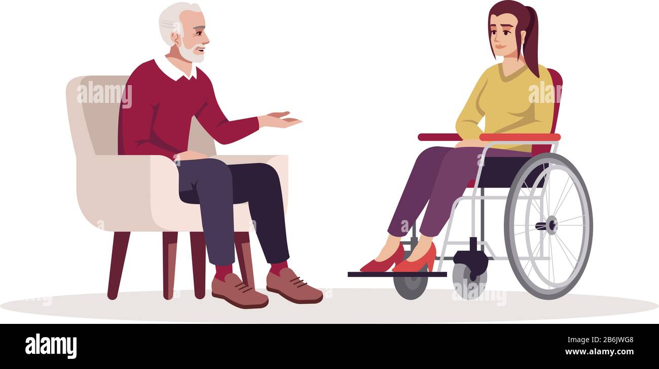 Sessione privata di psicoterapia immagine vettoriale a colori RGB semi-piatta. Stress post-traumatico. Consulenza psicologica per la riabilitazione. Appuntamento con Illustrazione Vettoriale