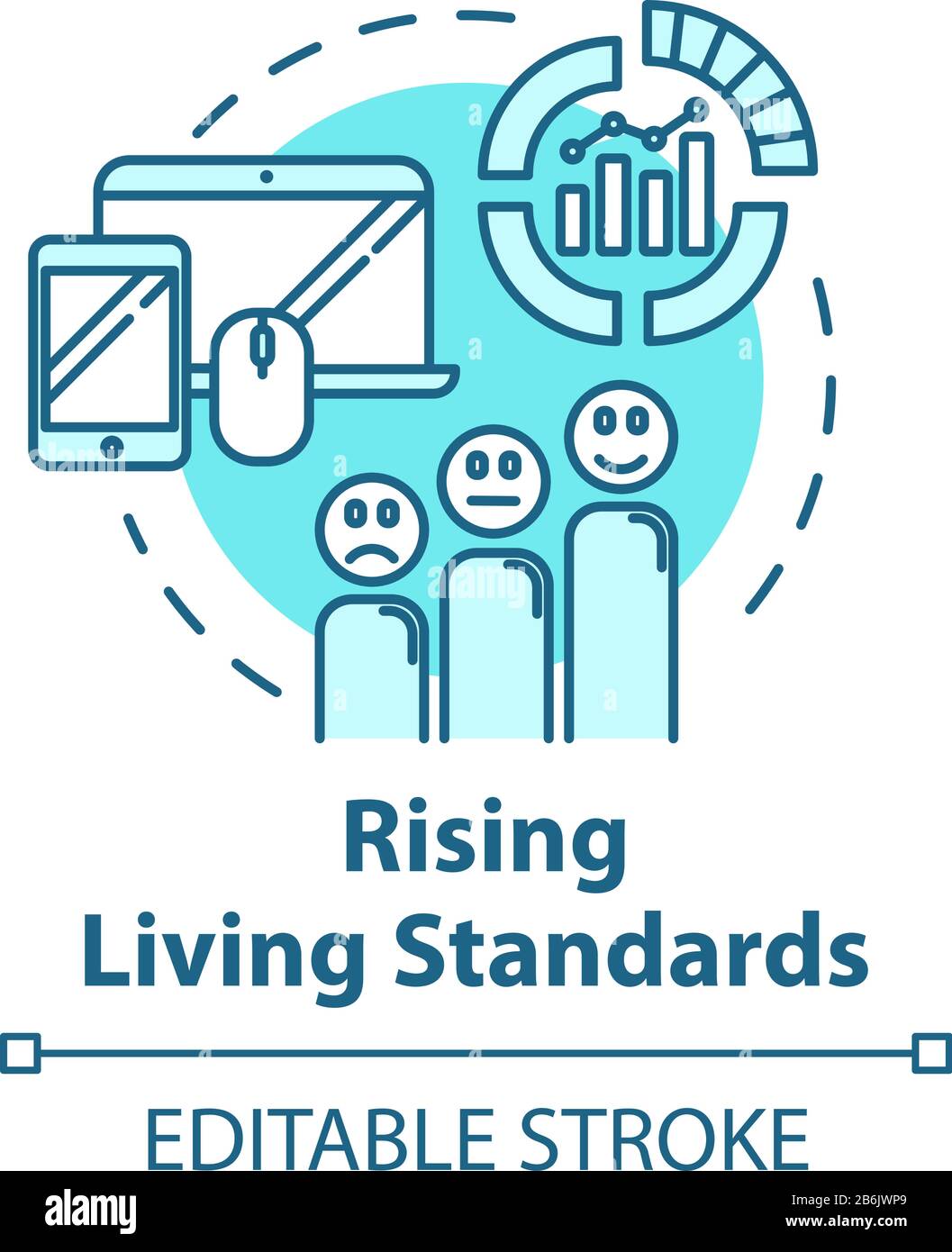 Icona del concetto di standard di vita in aumento. Livello di beni e servizi. Disparità di classe. Immagine sottile della linea di concetto di qualità della vita. Vettore isolato Illustrazione Vettoriale