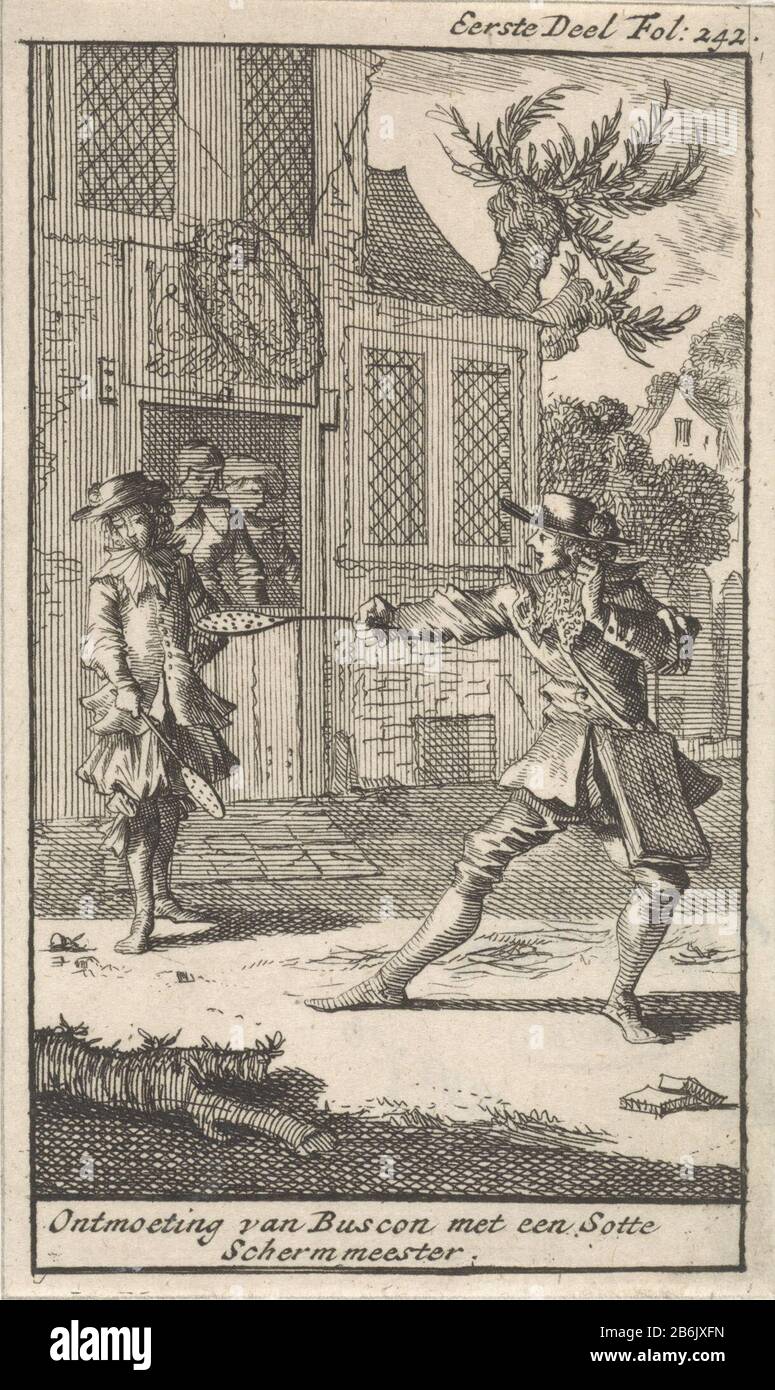 Don Pablo (Buscon) incontra uno schermo con un master Meeting di Buscon sotte Master Screen (oggetto del titolo) In una locanda ha incontrato Don Pablo (Buscon) un pazzo spada che vuole lui a imparare scherma con un cucchiaio a fessura. Una scena dal lavoro 'Storia di Buscon 'Francisco de Quevedo. Produttore : printmaker: Caspar Luyken Bookseller: Jan Claesz ten Hoor Place produzione: Amsterdam Data: 1699 caratteristiche Fisiche: Acquaforte materiale: Tecnica della carta: Acquaforte dimensioni: Foglio: H 138 mm × W 80 mmToelichtingBoekillustratie for Quevedo, Francisco Gómez de. Le opere Di Don Francisco de Quevedo, Villegas. Em Foto Stock