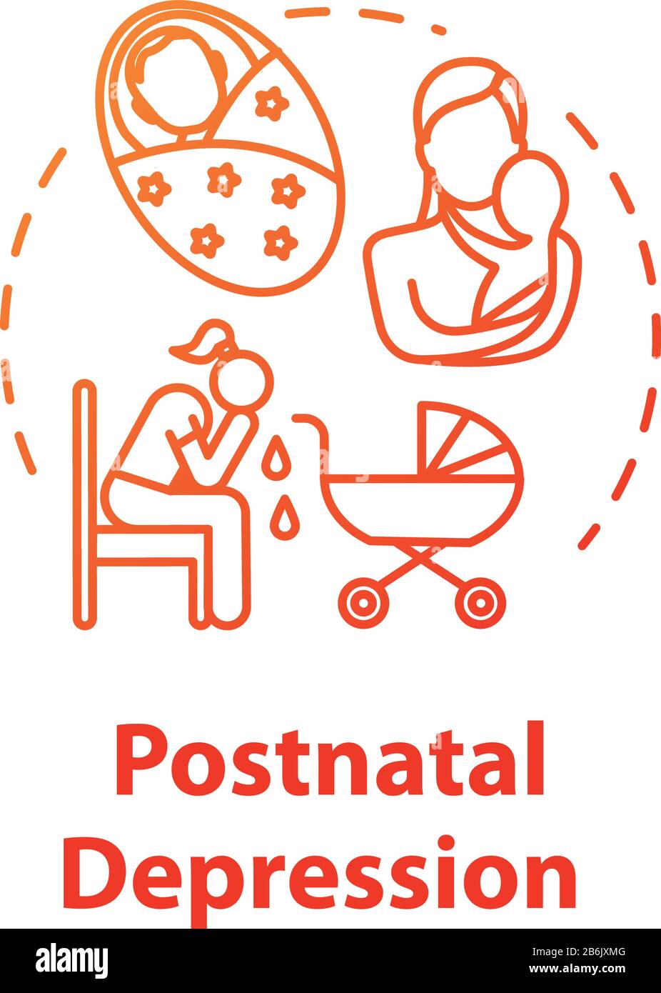 Icona del concetto di depressione postnatale. Depressione post-partum. PPD. Giovane madre stressata. Illustrazione della linea sottile dell'idea di disturbo dell'umore. Vettore isolato Illustrazione Vettoriale