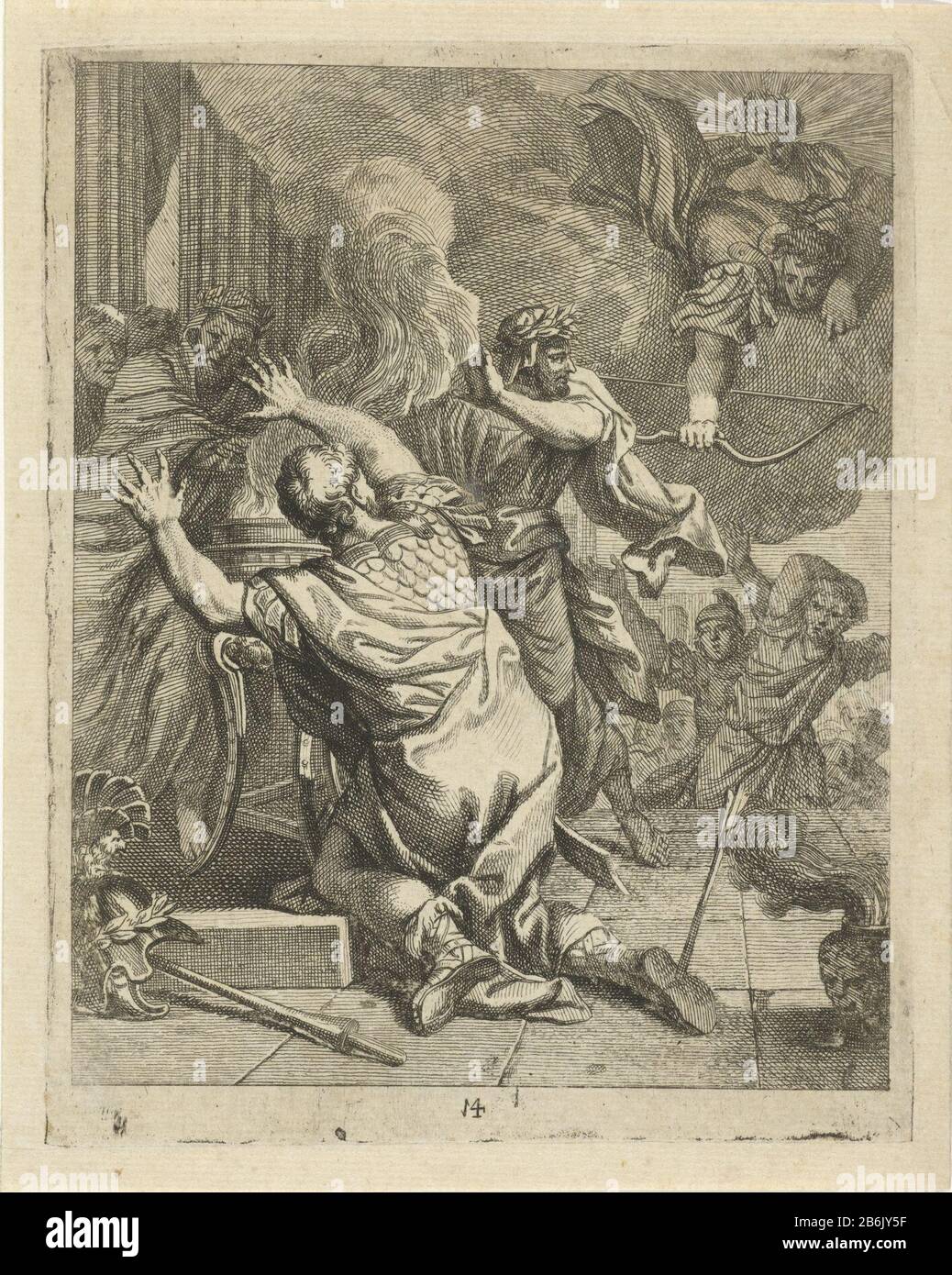Achille con una freccia nel suo unico punto debole, il suo tallone, colpito come porta un'offerta ad un altare. Diversi spettatori intorno all'altare. Apollo conduce la freccia in alto a destra Parigi al posto giusto. Medio: 14. Quattordicesima stampa una serie di quattordici scene della vita di Achille. Produttore : stampatore J. Alexander Janssen a disegno: Victor Honoré Janssen Luogo produzione: Sud Paesi Bassi Data: Circa 1700 caratteristiche Fisiche: Engra e materiale di incisione: Carta tecnica: Engra (processo di stampa) / dimensioni di incisione: Bordo della lastra: H 166 mm × W 130 mm Oggetto: Morte di Achille Foto Stock