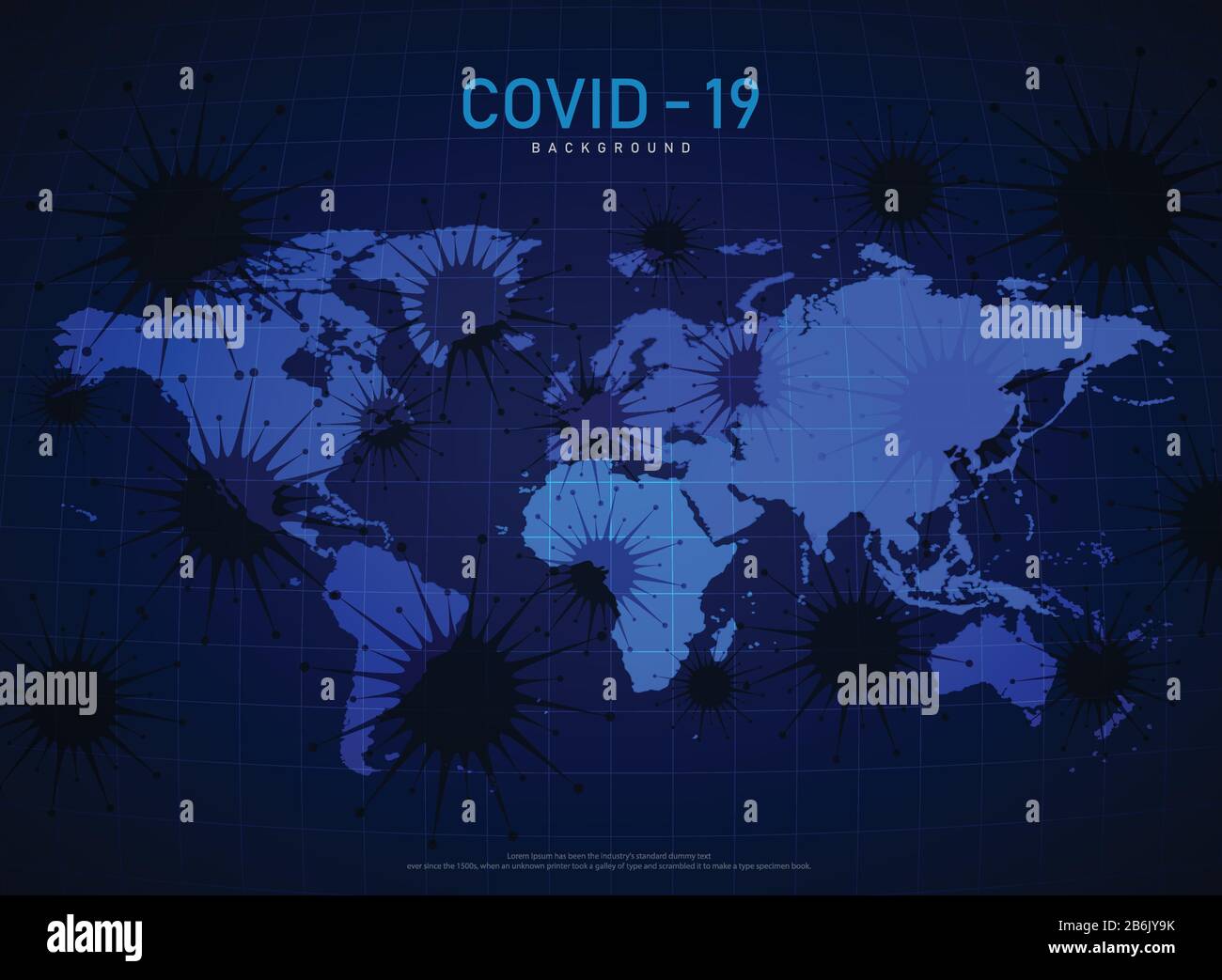 Tecnologia astratta covid-19 virus diffusione su sfondo futuristico mappa del mondo. Decorare per annuncio, poster, modello, grafica. Illustrazione vettore eps10 Illustrazione Vettoriale