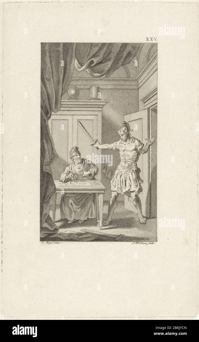 Morte di Archimede l'ingestione di Archimede Siracusa è ucciso da un soldato romano. Archimes seduto nel suo studio, e disegna un grafico matematico a torta. Il soldato romano che entra nella stanza lo uccide con il suo pesante: D. Produttore : stampatore: Ludwig Gottlieb Portman (proprietà in elenco) da disegnare: Jacobus Compra (proprietà in elenco) Fabbricazione Del Luogo: Amsterdam Data: 1795 caratteristiche Fisiche: Stippelets Materiale: Paper Engineering : stippelets dimensioni: Bordo della piastra: H 215 mm × W 134 mmToelichtingIllustratie di: Stuart, Martinus. Storie romane, Volume VII, p. 254. Amsterdam: Johannes Allart, 1795 Foto Stock