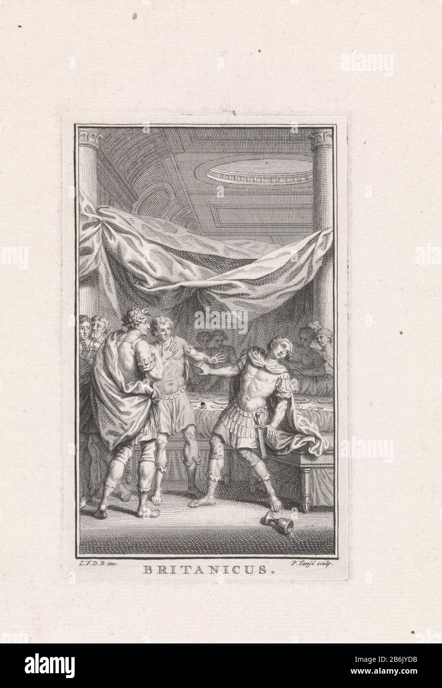 Morte di Britannicus Britannico (oggetto del titolo) Britannicus è stato avvelenato dal suo fratellastro Nero. Ha caduto la tazza avvelenata dalle sue mani e cade indietro mentre gli astanti guardano. Libro Illustrazione alla tragedia 'Britannicus' di Jean Baptiste Racine. Produttore : stampatore Pieter Tanjé (edificio elencato), progettato da Louis Fabritius Dubourg (edificio elencato): Jean Frederic Bernard Luogo produzione: Amsterdam Data: 1743 caratteristiche Fisiche: Acquaforte e engra materiali : carta Tecnica: Acquaforte / engra (processo di stampa) Misure: Bordo della lastra: H × 139 mm b 85 mmToelichtingPrent di: RAC Foto Stock