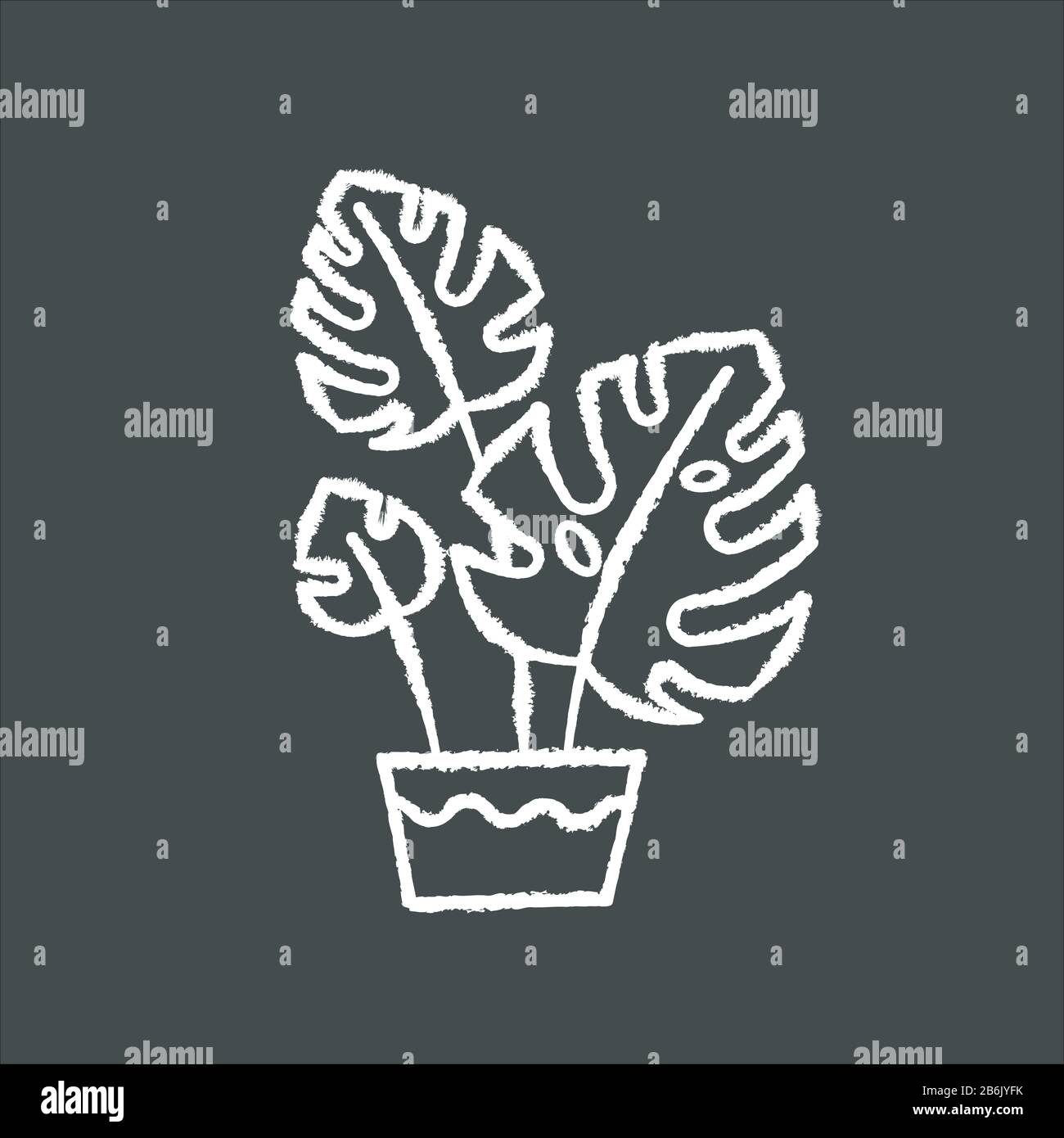 Monstera deliciosa gesso bianco icona su sfondo nero. Caseificio svizzero. Filodendro. Pianta tropicale interna con foglie separate. Decorativa frondosa Illustrazione Vettoriale