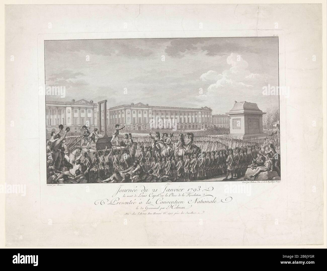 Re Luigi XVI alla ghigliottina decapitato Sulla Place de la Revolution, 21 gennaio 1793. In alto a destra numerata: N. 8. Produttore : stampatore: Isidore Stanislas Henri Helman (proprietà in elenco) disegno di Charles Monnet (edificio in elenco) Editore: Isidore Stanislas Henri Helman (proprietà in elenco) Luogo fabbricazione: Parigi Data: 1793 - 1798 caratteristiche Fisiche: Acquaforte materiale: Carta tecnica: Incisione dimensioni: Bordo della piastra: H 351 mm × W 456 mm Oggetto: Morte violenta per decapitazione  ghigliottineon l'impalcatura o luogo di esecuzioneTerechtstelling Louis XVIWanneer: 1793-01-21 - 1793-01-21 Foto Stock