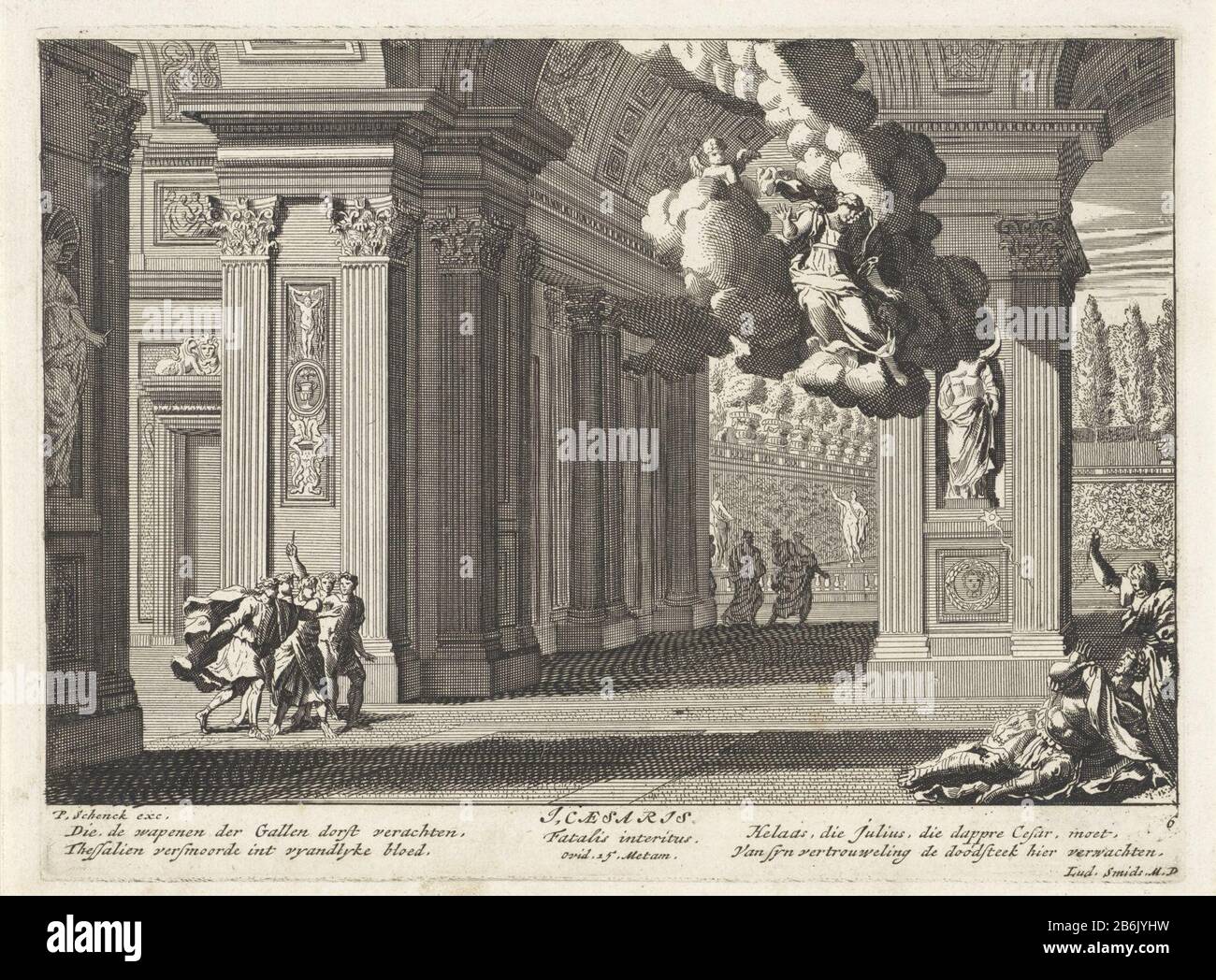 Dood van Julius Caesar palcoscenico teatrale (seriettel) Morte di Giulio Cesare. Al Senato fu pugnalato. Una dea appare in una nuvola. Tra gli show un versetto a quattro righe in olandese e un riferimento ad un testo nelle Metamorfosi Ovidio. Produttore : stampatore: Anonimo in stampa da Jean Lepautreschrijver: Ludolph Smids (edificio elencato) Editore: Peter Schenk (i) (indicato dall'oggetto ) Luogo di produzione: Amsterdam Data: 1675 - 1711 caratteristiche Fisiche: Acquaforte e engra materiale: Carta Tecnica: Acquaforte / engra (processo di stampa) dimensioni: Bordo della lastra: H 166 mm × L 223 mm Oggetto: Morte di Caes Foto Stock