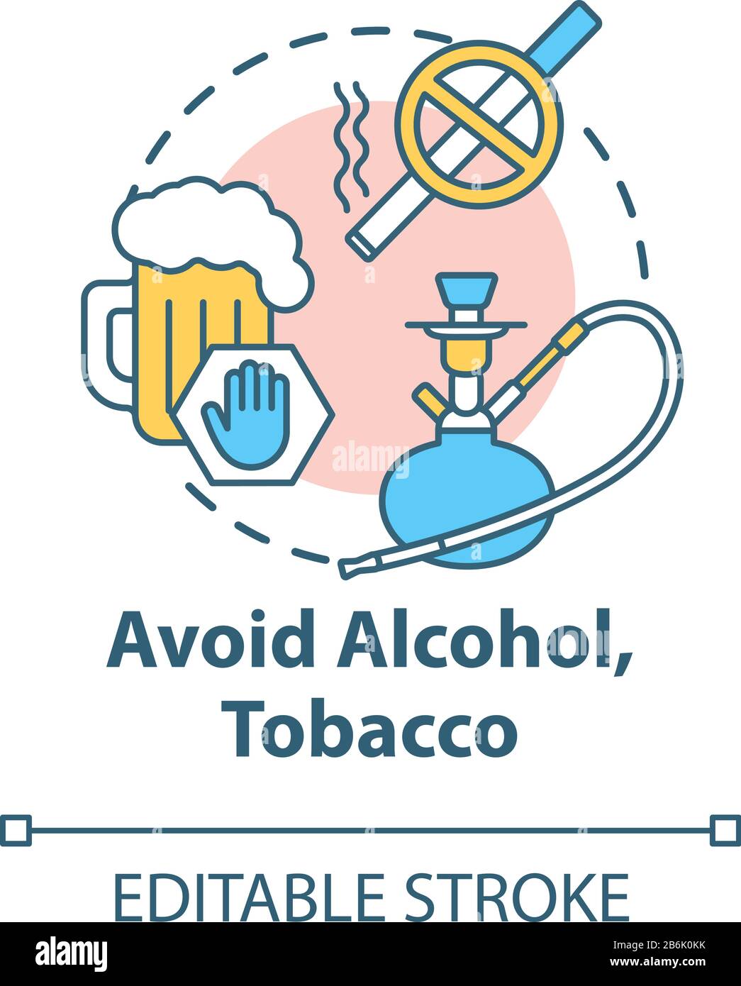 Eviti l'icona di concetto di alcool e tabacco. Rinunciare sigaretta. Rifiutare la birra. Basta dipendenza. Illustrazione della linea sottile dell'idea sanitaria. Vettore isolato Illustrazione Vettoriale