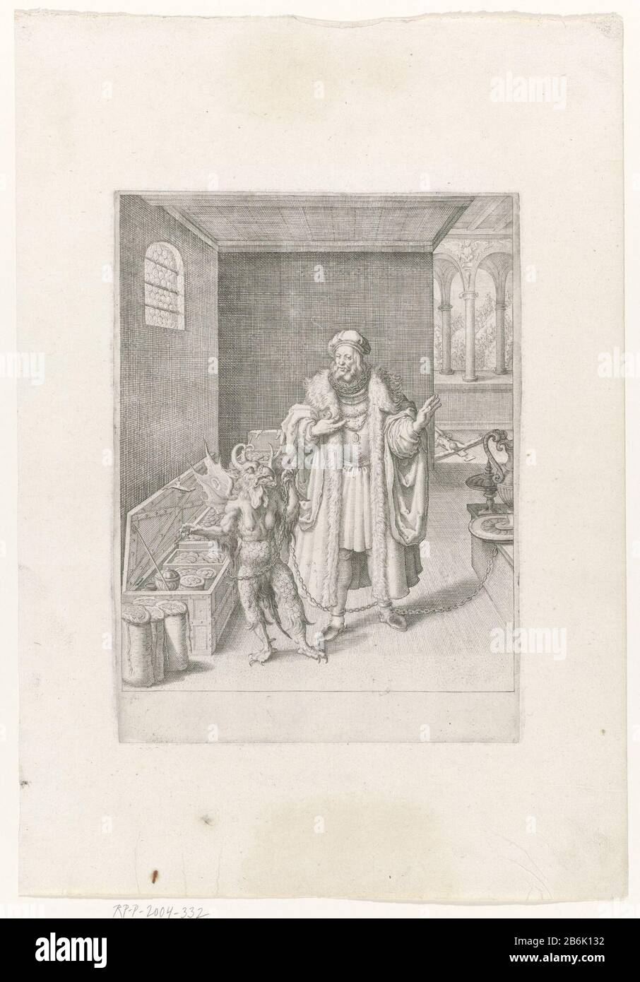 Il diavolo incatenò l'uomo tra tesori terreni Signore vestito pubblico depositato giacca con pelliccia in piedi alla partenza con catena intorno alla sua caviglia. La catena che conduce alle sue casse e dai piatti d'argento sul tavolo. Un diavolo davanti a lui e tenendo la catena. Sullo sfondo, in una stanza aperta, un crocifisso è ​​on grond. Produttore : printmaker: Anonymous place manufactured: Netherlands Data: CA. 1600 - ca. 1625 caratteristiche Fisiche: Acquaforte e engra materiale: Carta Tecnica: Acquaforte / engra (processo di stampa) dimensioni: Bordo della lastra : h 247 mm × W 183 mm Oggetto: Diavolo (s) che appare a m Foto Stock