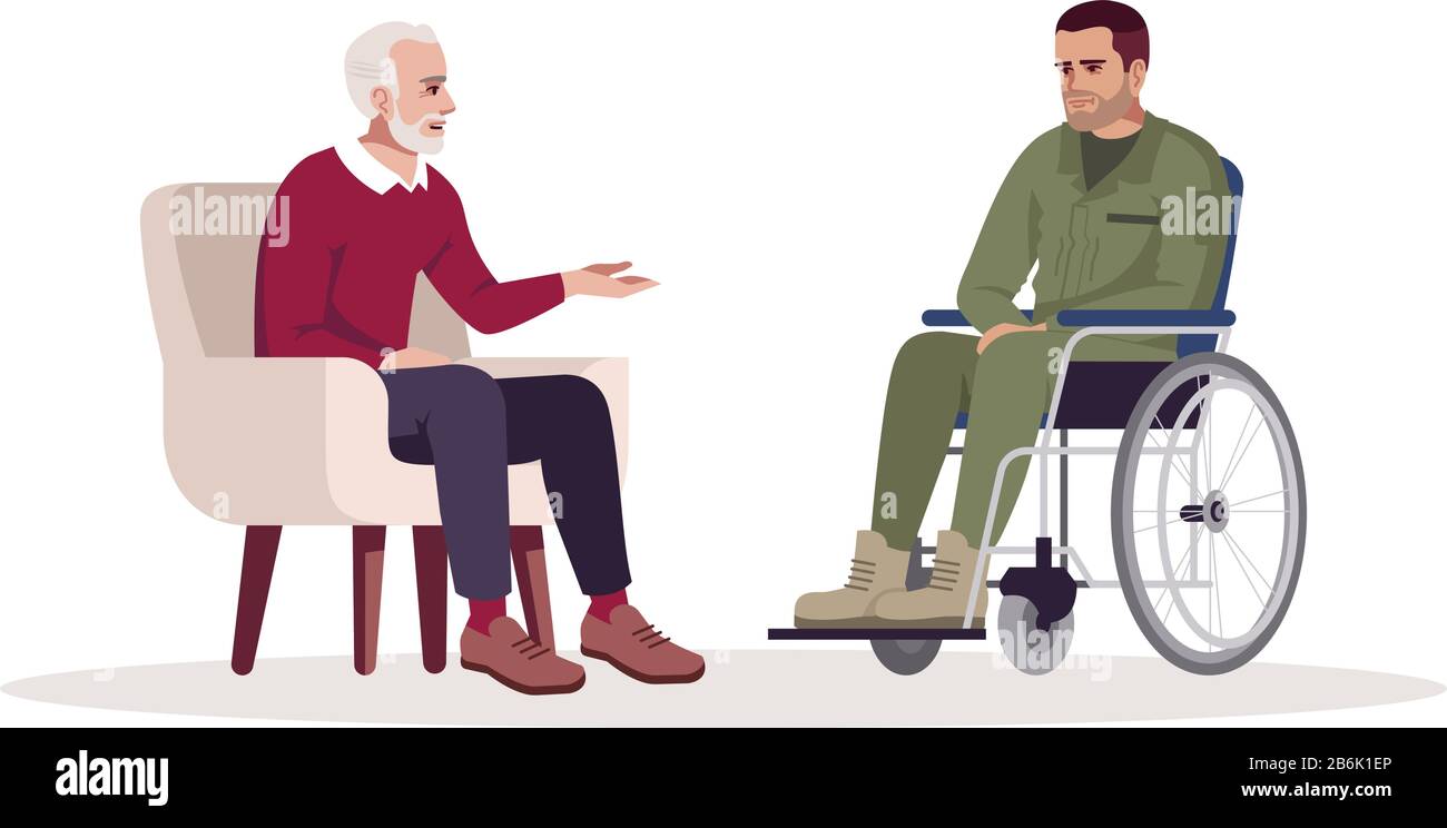 Sessione privata di psicoterapia immagine vettoriale a colori RGB semi-piatta. Disturbo da stress post-traumatico. Consulenza psicologica. Appuntamento con Illustrazione Vettoriale