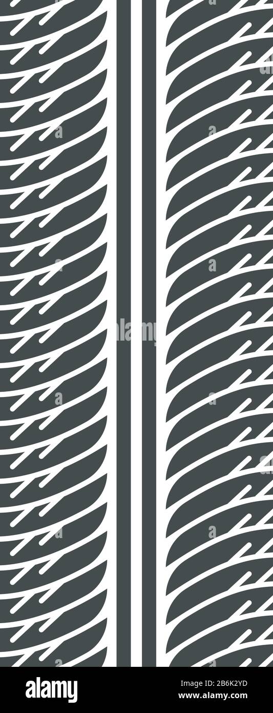 Icona glifo nero per la stampa dei pneumatici. Marchio dettagliato di pneumatici per automobili e motociclette. Tracciato simmetrico delle ruote per auto con scanalature spesse. Percorso pneumatici del veicolo. Silhouette Illustrazione Vettoriale