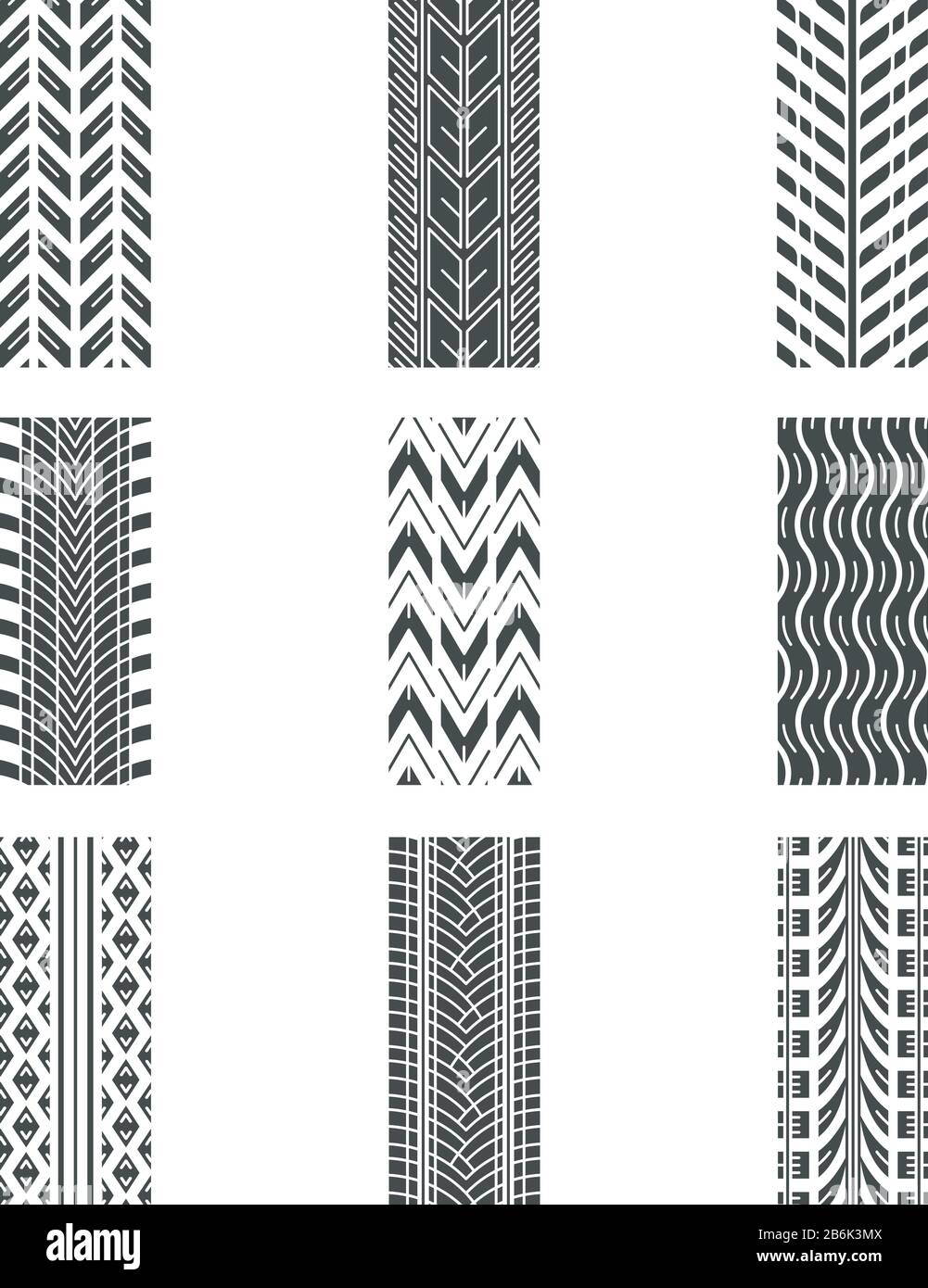 Tracce di pneumatici icone glifi nere impostate sullo spazio bianco. Marchi dettagliati di automobili, motociclette e pneumatici per biciclette. Auto estate e inverno ruota traccia. Percorso pneumatici Illustrazione Vettoriale